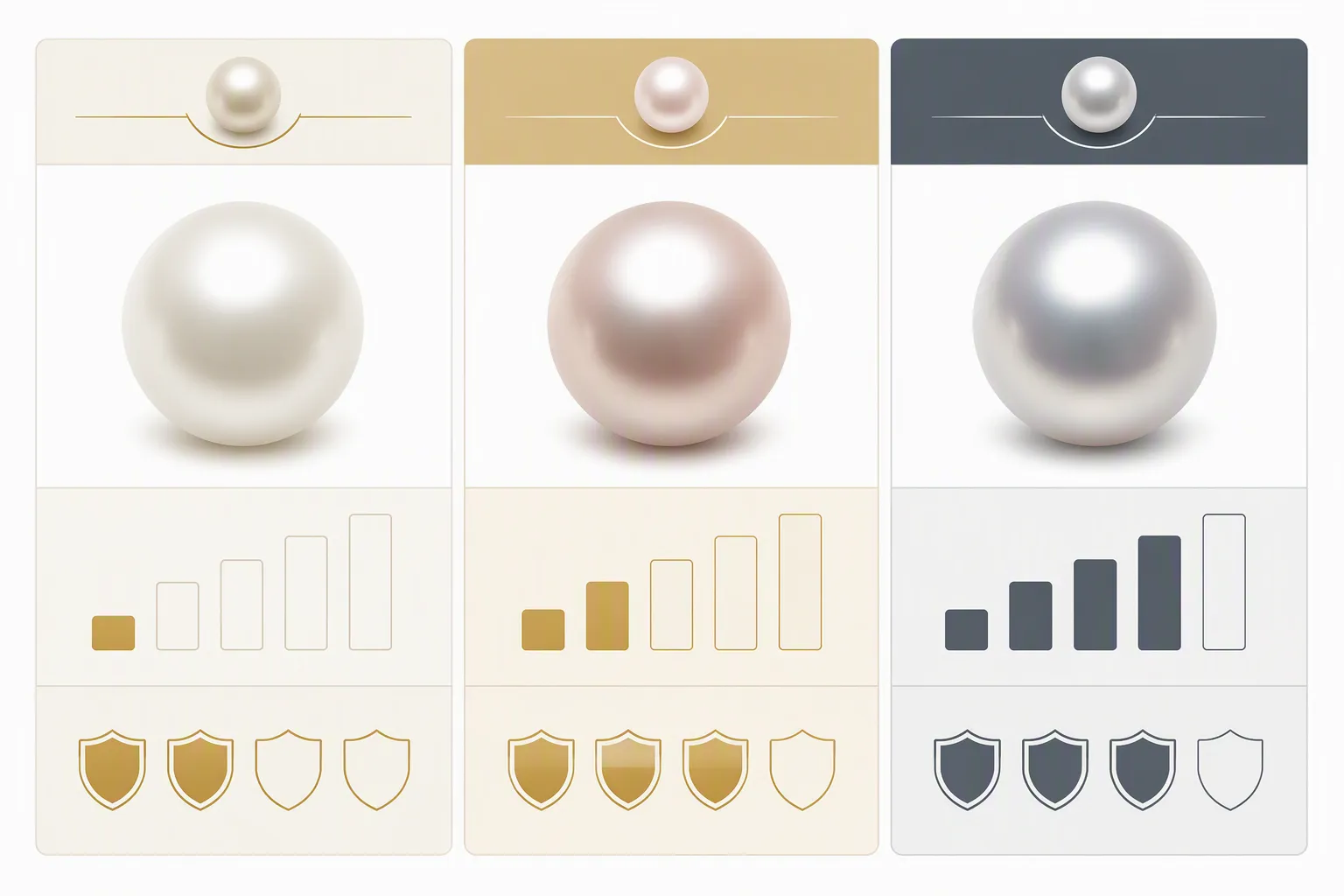 pendientes perlas oro - Diagrama comparativo en tres columnas — perla sintética/vidrio, perla cultivada de agua dulce, y perla cultivada de mar — con indicadores visuales de brillo, rango de precio orientativo y durabilidad para ayudar al comprador a seleccionar el tipo correcto según su posicionamiento de producto