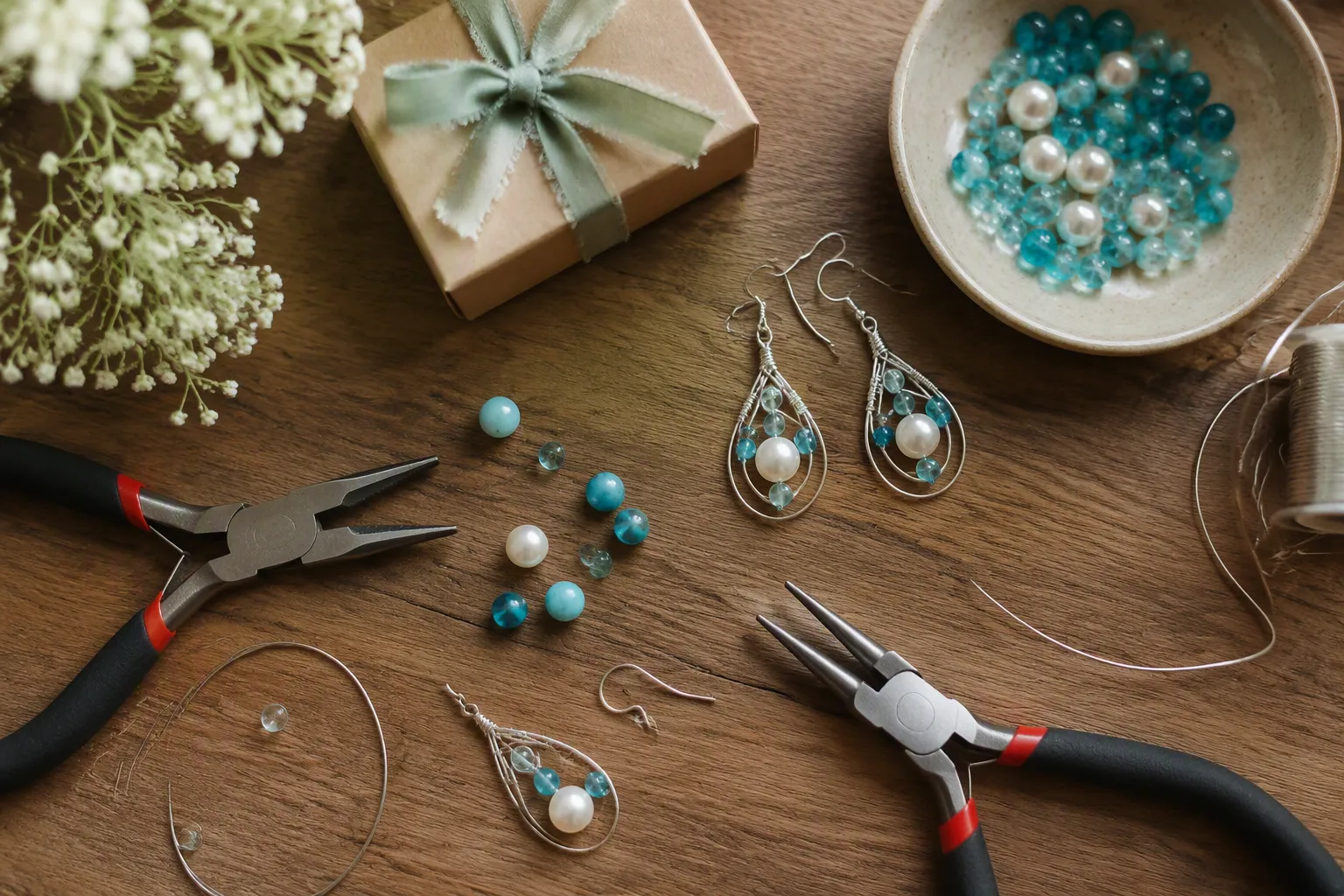 مشروع اكسسوارات يدوية - Photorealistic overhead shot of a flat-lay workspace showing handmade jewelry pieces in progress — wire-wrapped earrings, glass beads in turquoise and pearl tones, small pliers, and a kraft paper packaging box on a wooden table, natural window light from the left, no text or labels