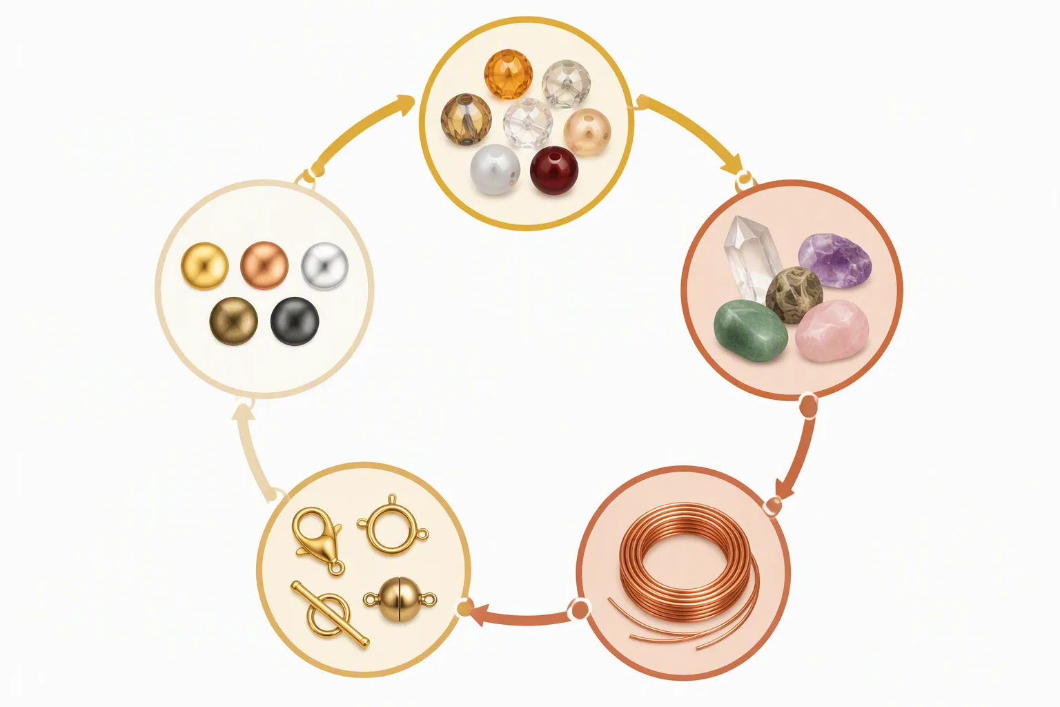 مشروع اكسسوارات يدوية - Informational flat-design diagram showing the main raw material categories for handmade jewelry — glass beads, natural stones, copper wire, clasps, and plating types (gold-plated, rhodium) — arranged in a circular flow chart with color-coded zones, white background, Arabic labels, no decorative elements