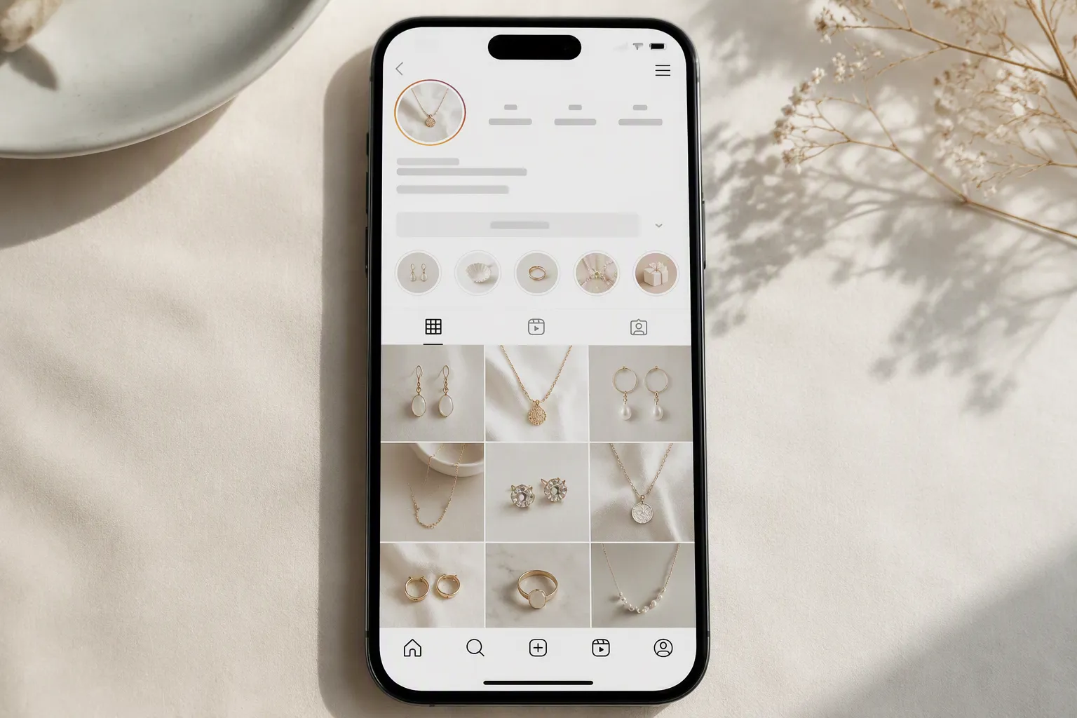 مشروع اكسسوارات يدوية - Annotated UI mockup of an Instagram business profile for a handmade jewelry brand showing a curated grid of earring and necklace product photos, story highlights labeled for materials and care, a bio with shop link, engagement stats visible — displayed on a smartphone, soft daylight from left, no brand text or real logos