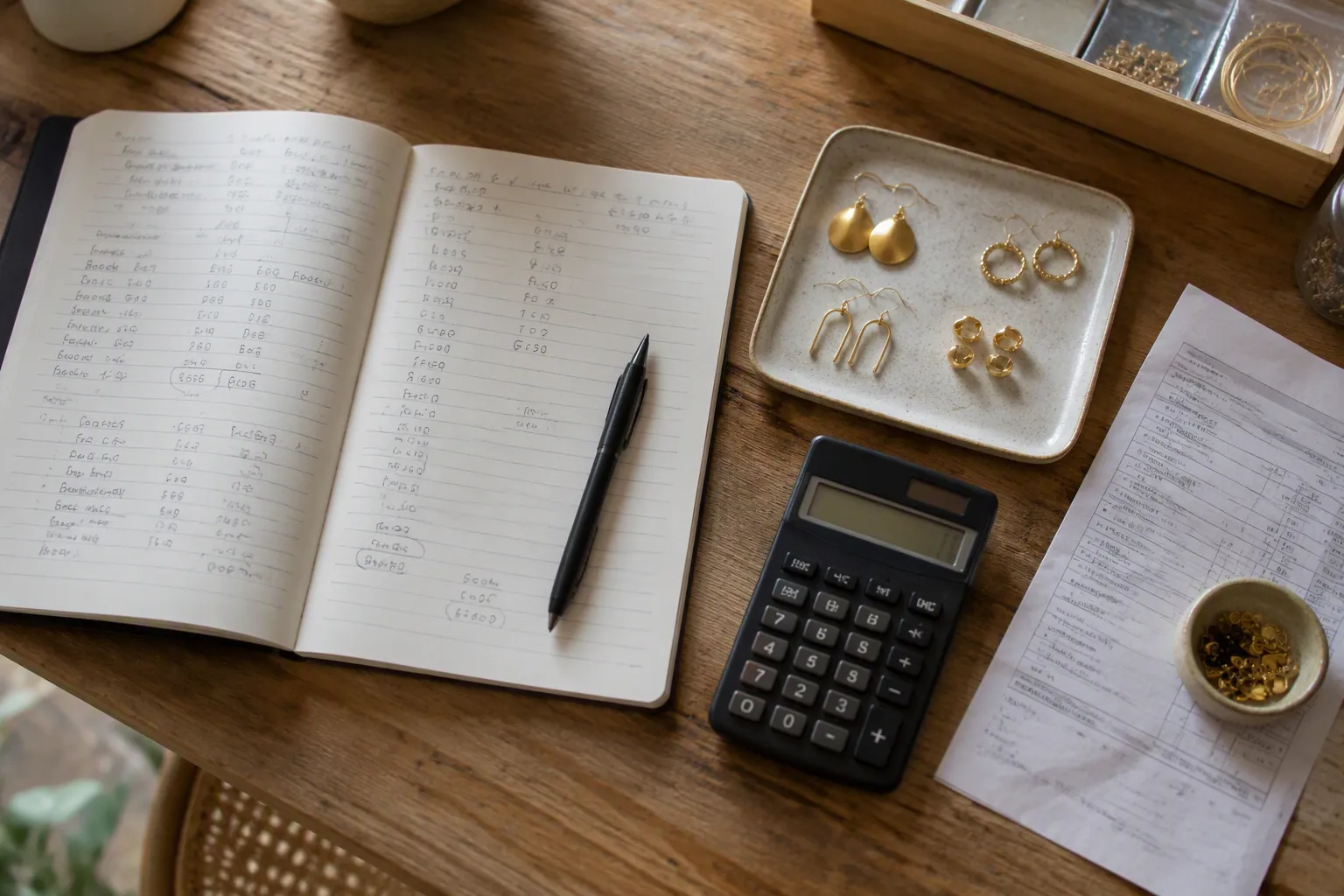 مشروع اكسسوارات يدوية - Editorial top-down photo of a work desk with a hand-written business cost breakdown notebook in Arabic, a small tray of gold-plated earrings samples, a calculator, and a receipt from a supplier — natural daylight, authentic workspace atmosphere, no digital screens