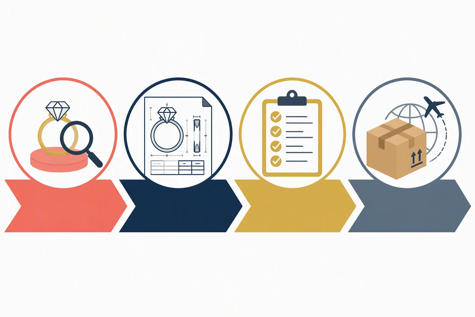 custom jewelry - Annotated procurement flow diagram showing a B2B buyer moving from sample request → OEM specification → in-house QC → FOB shipment, with labeled touchpoints for multilingual support and payment methods at each stage