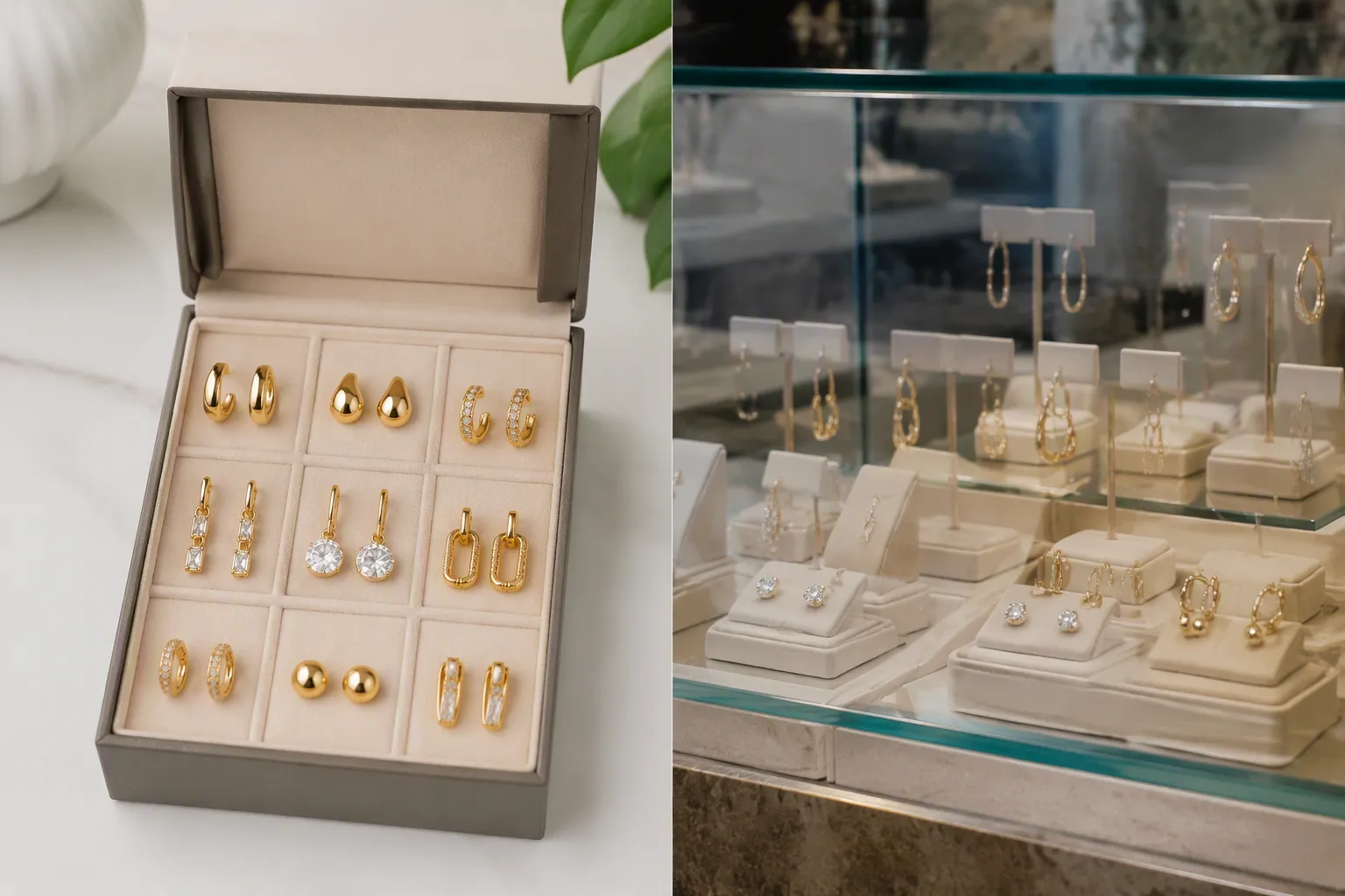 custom jewelry - Side-by-side editorial photo: left shows a custom OEM earring set with packaging mockup labeled with brand name, right shows a retail display case with consumer-facing price tags — visually contrasting private-label vs. retail sourcing paths