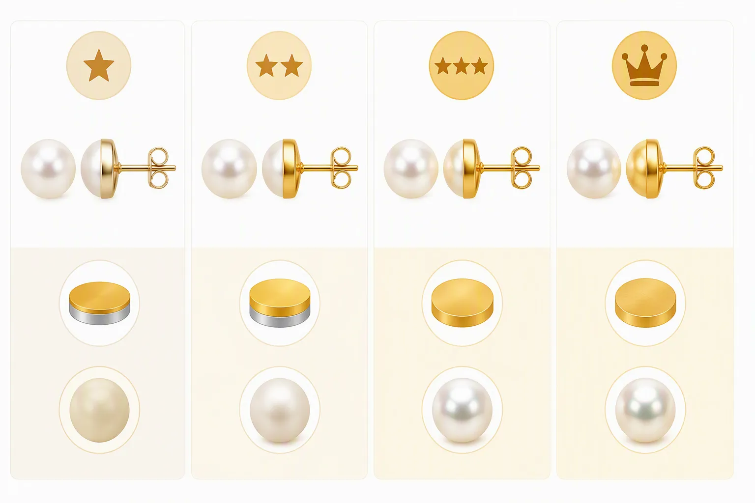 pendientes oro perlas - Diagrama comparativo de cuatro tramos de pendientes oro perlas: desde studs básicos chapados hasta pendientes de oro 18k con perla cultivada, mostrando características clave de cada nivel con iconos de calidad