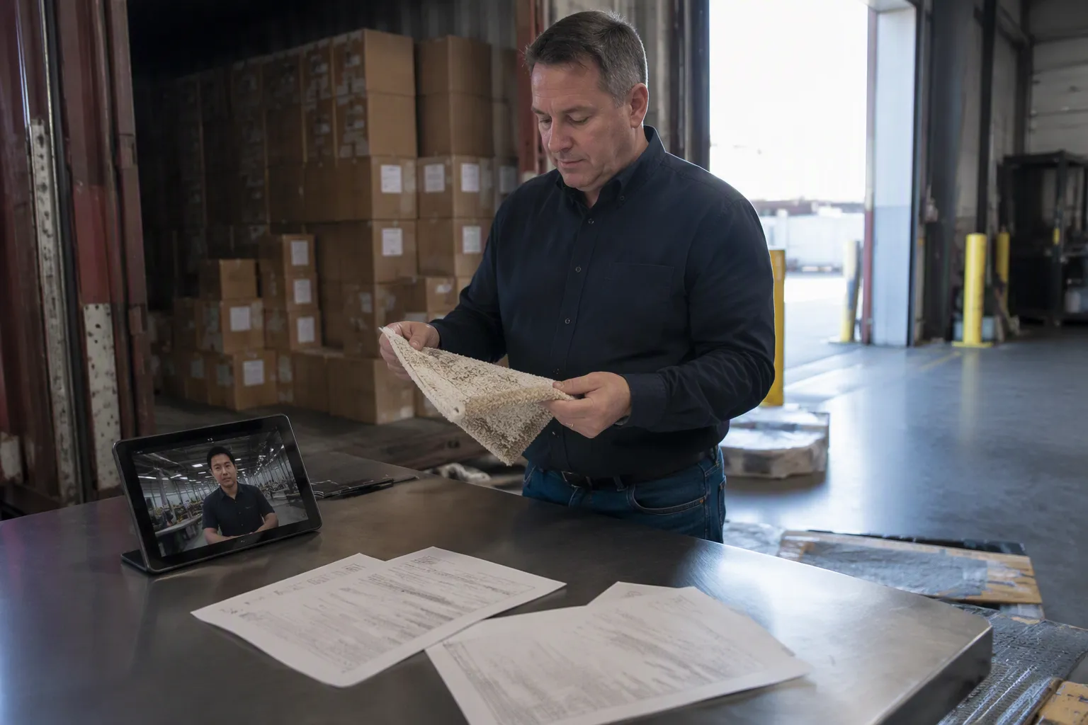 canada china trade deal - Editorial photo of a U.S. importer reviewing a product sample at a warehouse loading dock, with shipping manifests and a tablet showing factory communication