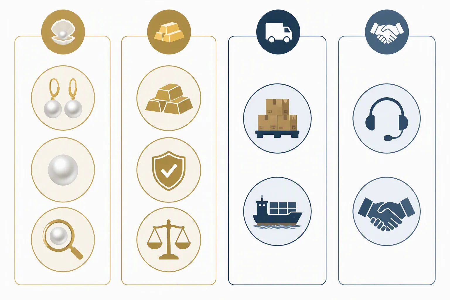 pendientes oro perlas - Lista visual con iconos de las 10 preguntas clave organizadas por categoría: calidad de material, condiciones comerciales, logística y servicio postventa