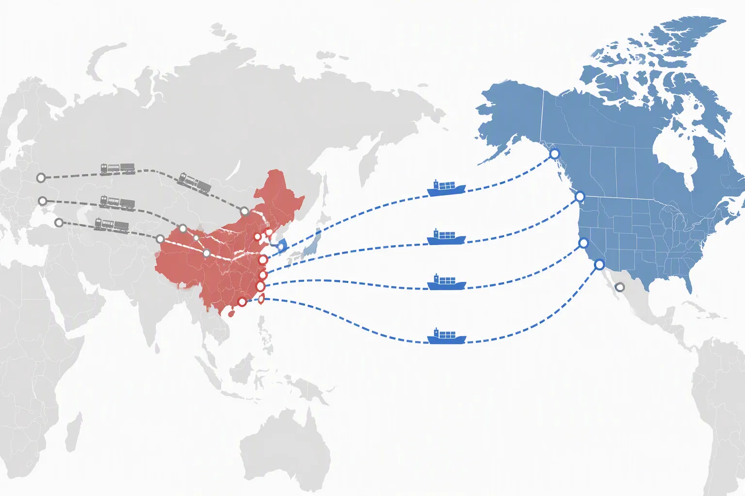 canada china trade deal - Informational map diagram showing major China-to-U.S. shipping routes via Pacific Ocean, with Belt and Road rail corridors shown in comparison, and Canadian port entry points labeled
