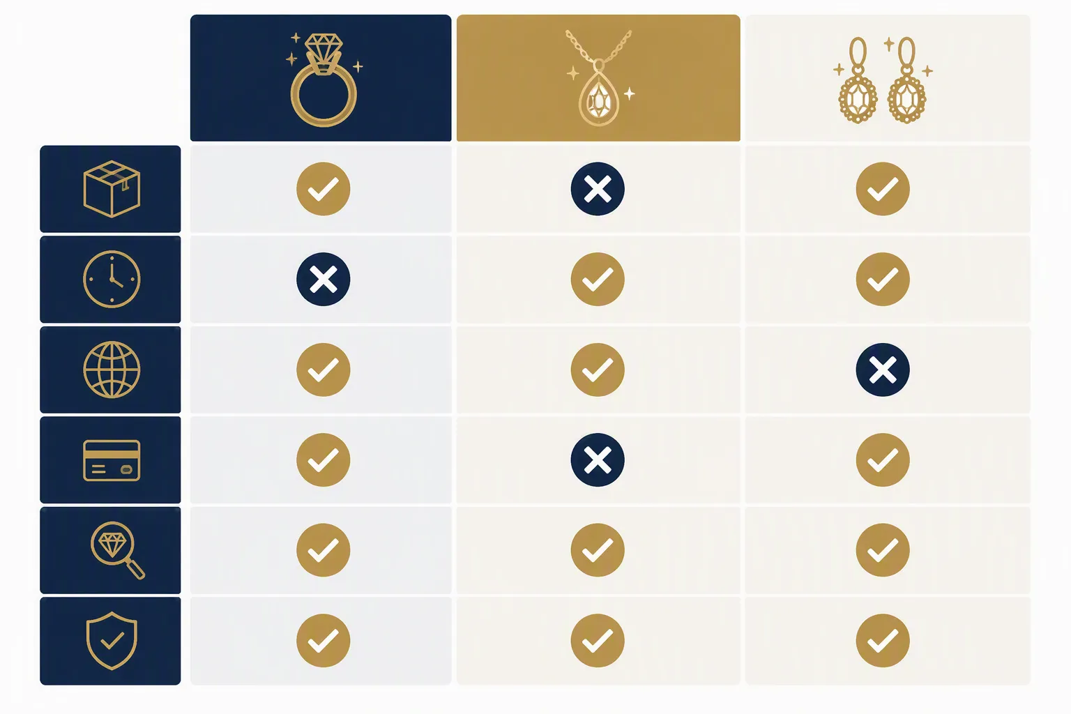 bijoux luxe - Tableau comparatif visuel présentant trois profils de fournisseurs bijoux luxe évalués sur 6 critères clés — MOQ, délai OEM, langues de service, modes de paiement, QC et certifications EU — avec des indicateurs visuels de validation par critère