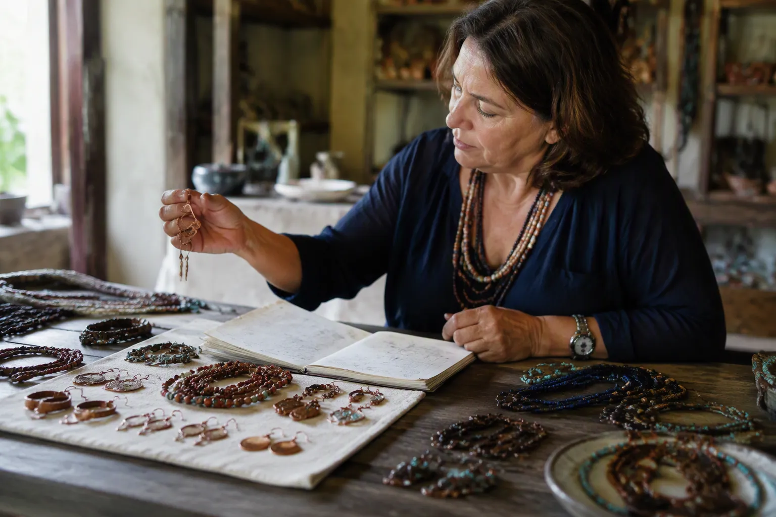 طريقة استيراد بضائع من الصين - Photorealistic documentary photo of a seasoned importer reviewing product samples on a large wooden table — copper-plated earrings, bead necklaces, and handwritten notes spread out under warm natural light from a large window, shallow depth of field, authentic working environment