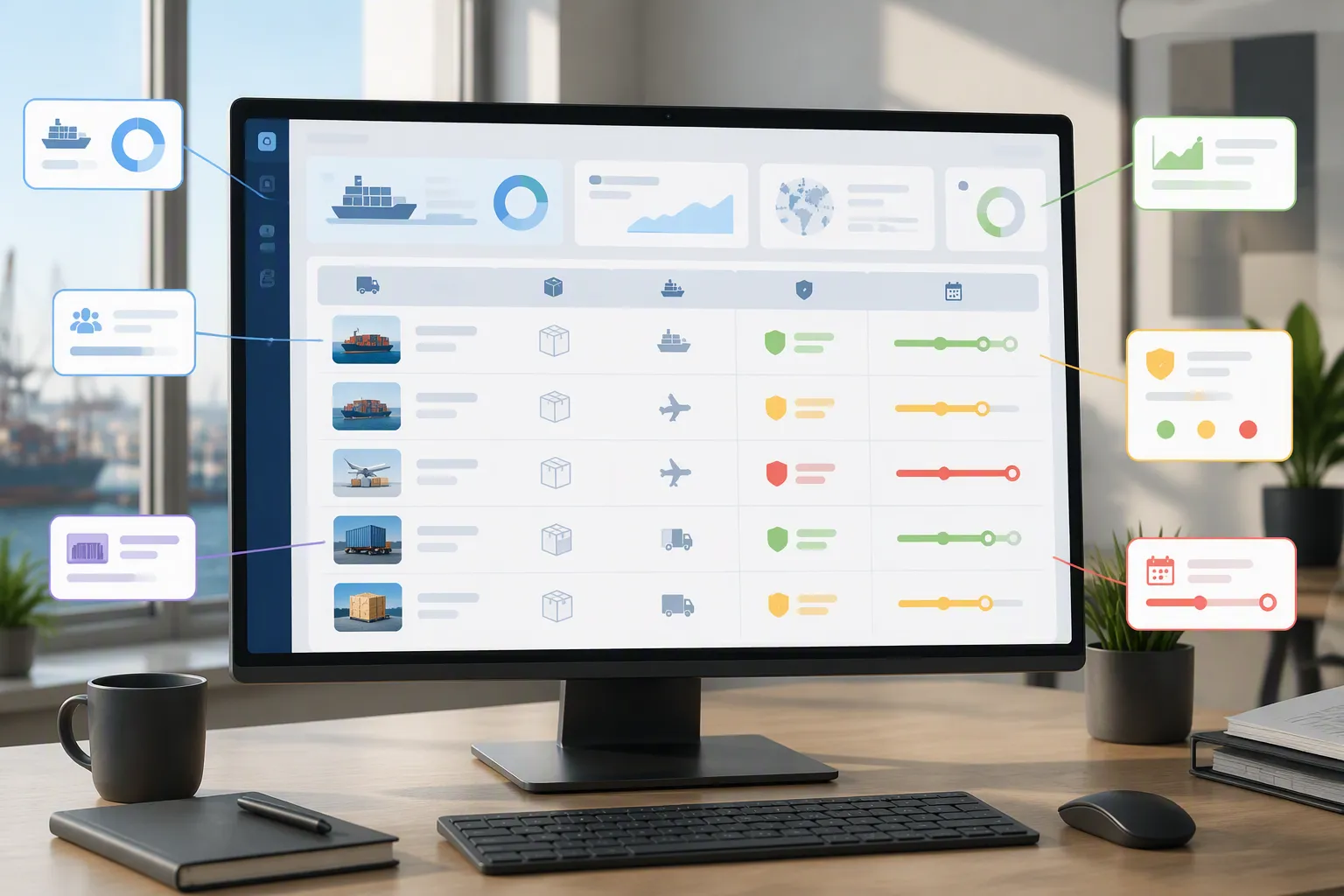 طريقة استيراد بضائع من الصين - Annotated UI mockup of a modern procurement dashboard on a widescreen monitor showing an import shipment tracker — columns for supplier name, product type, shipping method, customs clearance status, and estimated arrival date — with color-coded status badges, soft daylight office environment