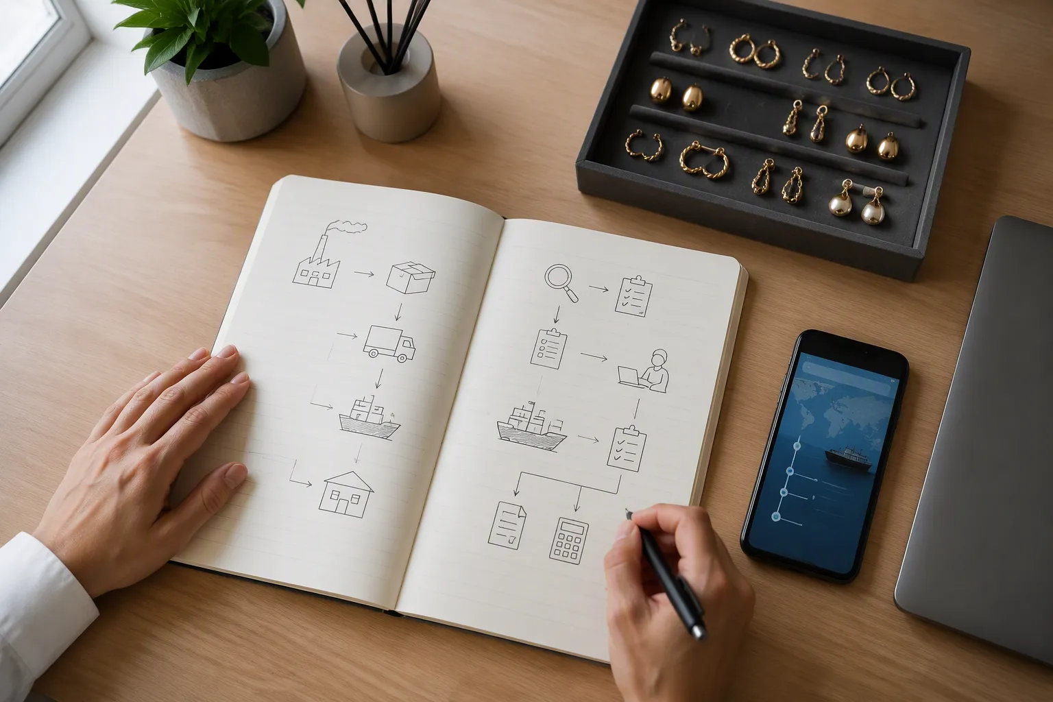 طريقة استيراد بضائع من الصين - Top-down editorial photo of an importer's workspace: open Arabic-labeled notebook with a hand-drawn import process flowchart in pen, product samples of gold-plated earrings in a small tray, smartphone screen showing a shipping tracker app, natural window light from the left, authentic and uncluttered working surface