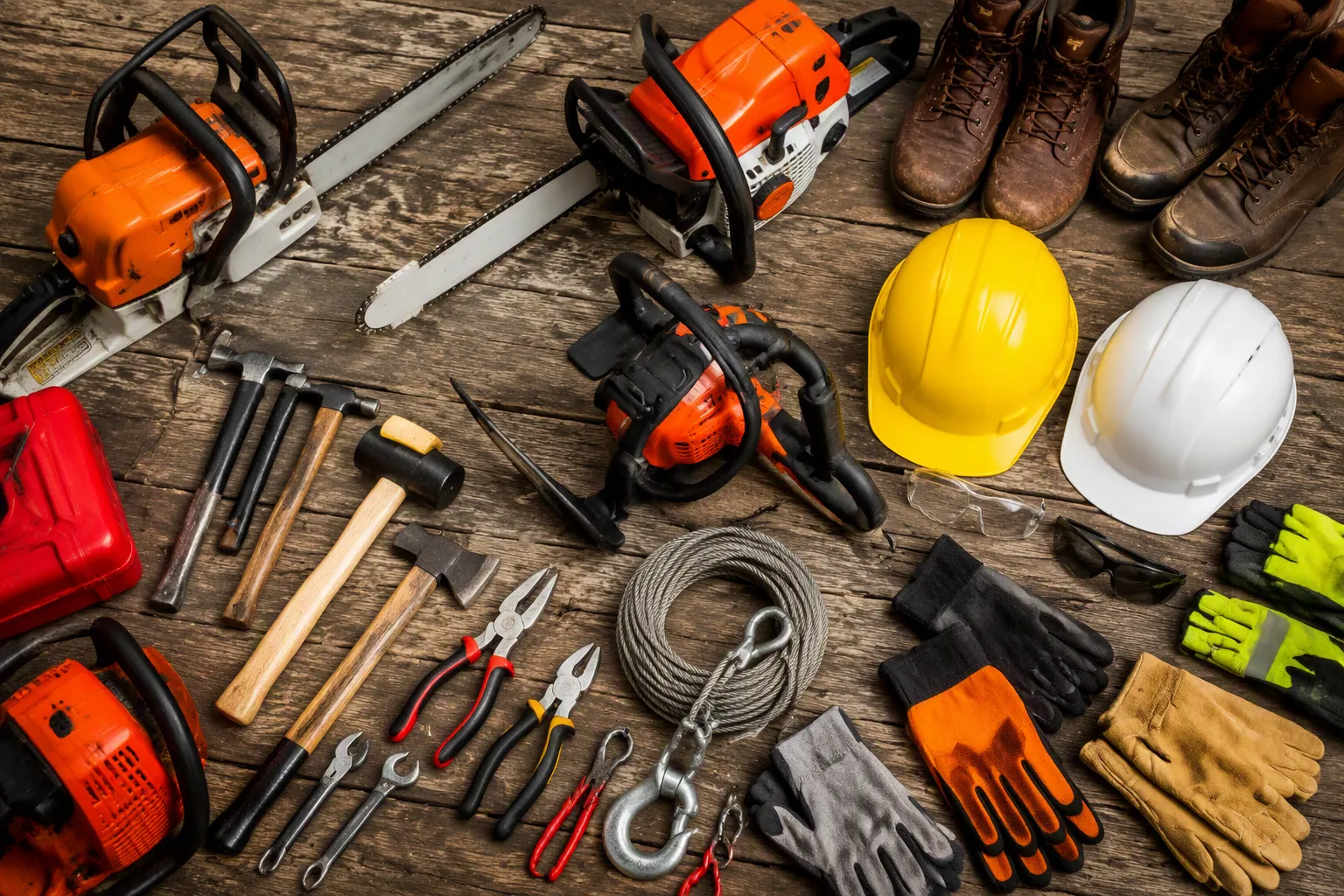 layer großhandel - Fotorealistischer Flat-lay einer Werkzeug- und Maschinenkollektion mit Motorsägen, Handwerkzeugen, Schutzausrüstung und Arbeitsschuhen auf strukturiertem Werkstattgrund — Produktfoto für den Großhandelskatalog