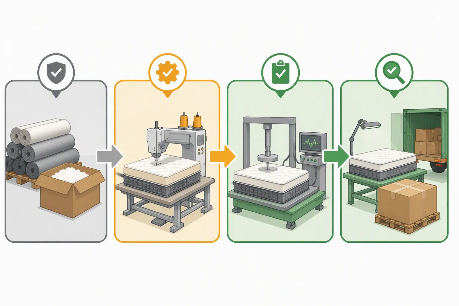 layer großhandel - Annotiertes Diagramm eines Qualitätskontrollprozesses für Maschinen und Werkzeuge — von der Rohware über Montage und Funktionsprüfung bis zur Endkontrolle vor dem Versand, mit eingeblendeten Prüfpunkten