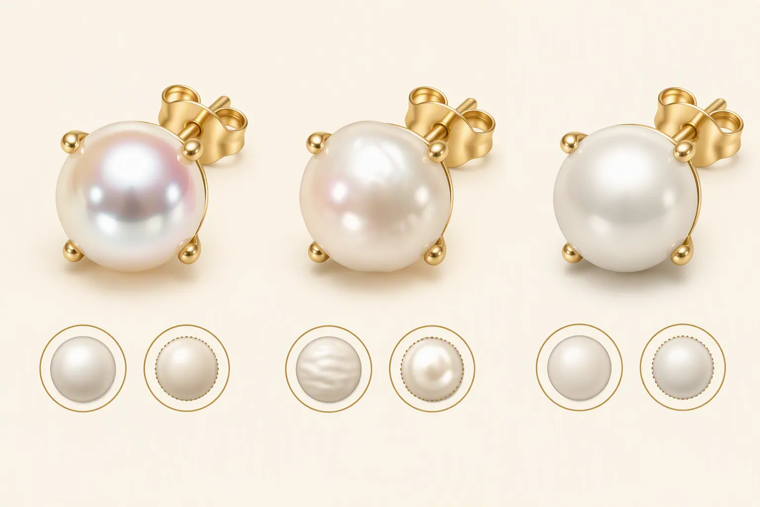 pendientes oro y perlas - Diagrama comparativo que muestra la diferencia visual entre perla cultivada akoya, perla de agua dulce y perla sintética de cristal en monturas de oro, con anotaciones de lustre, uniformidad y rango de precio