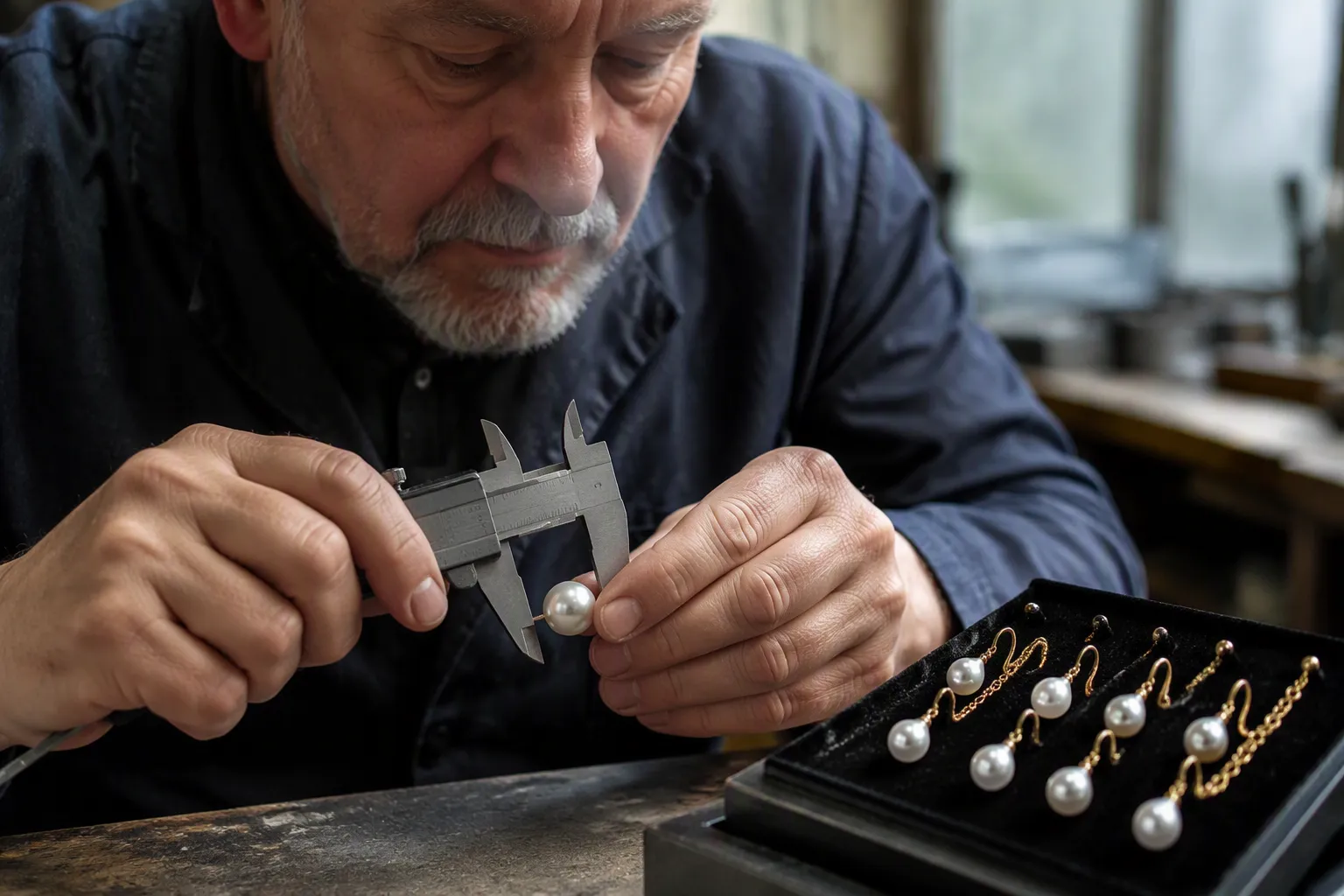 pendientes oro y perlas - Imagen de proceso de control de calidad en taller de joyería: inspector midiendo el diámetro de una perla con calibre junto a pendientes dorados terminados, para ilustrar el proceso de QC previo al envío