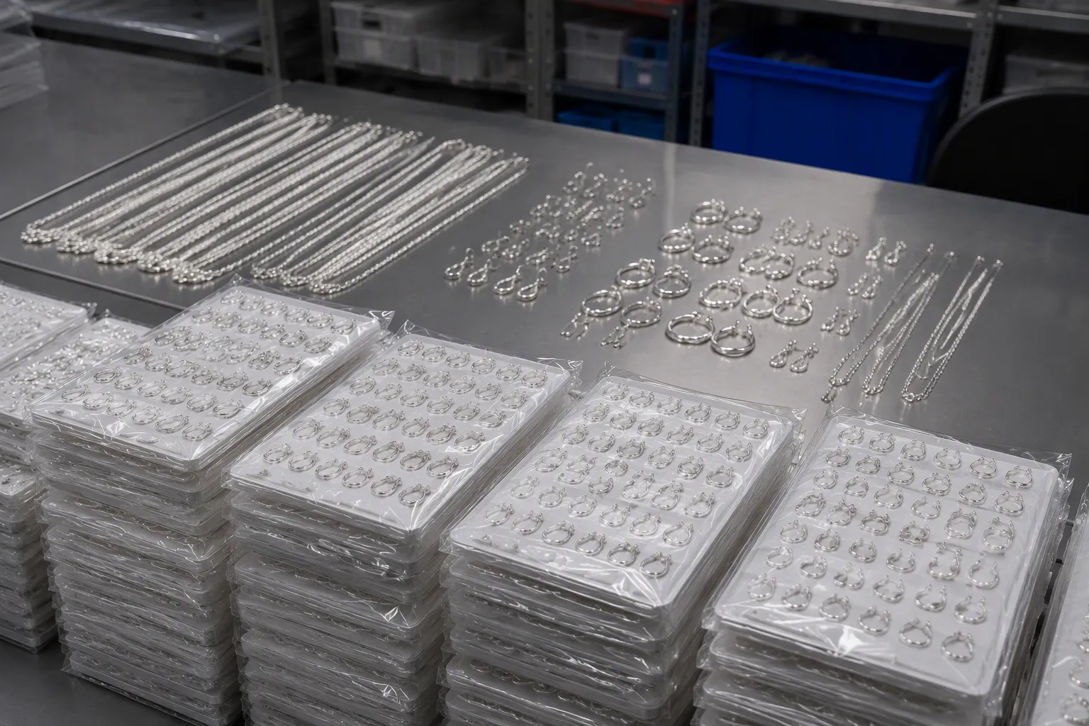 silberbarren kaufen - Rhodinierte Ohrringe und Ketten aus dem STRAND-Katalog auf einer Großhandels-Produktionsfläche, sichtbar gestapelte Verpackungseinheiten mit MOQ-Kennzeichnung