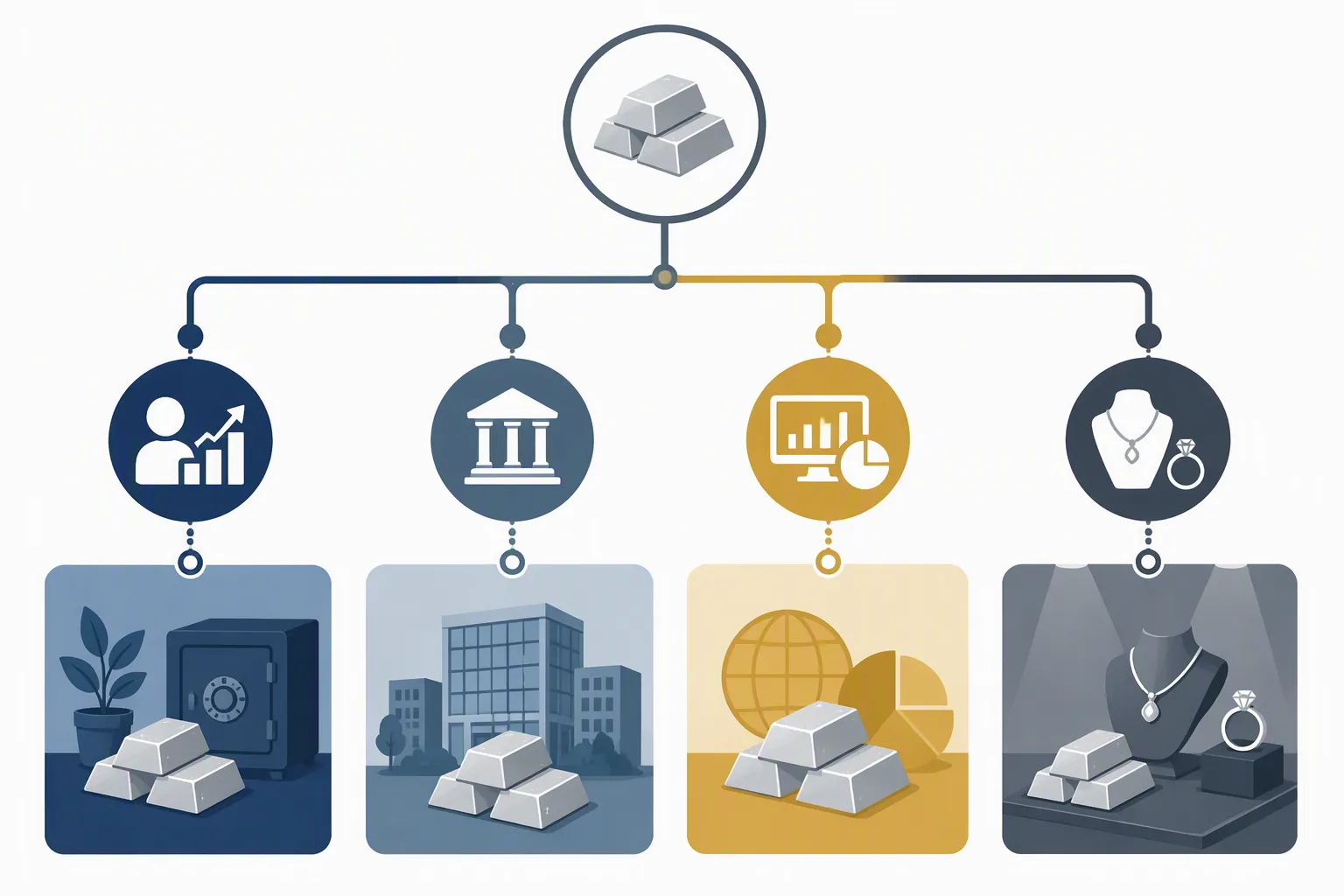 silberbarren kaufen - Infografik-Diagramm: Entscheidungsbaum "Welche Silber-Alternative passt zu meinem Käuferprofil?" – mit Zweigen für Privatanleger, Großanleger, ETF-Nutzer und gewerbliche Schmuckeinkäufer