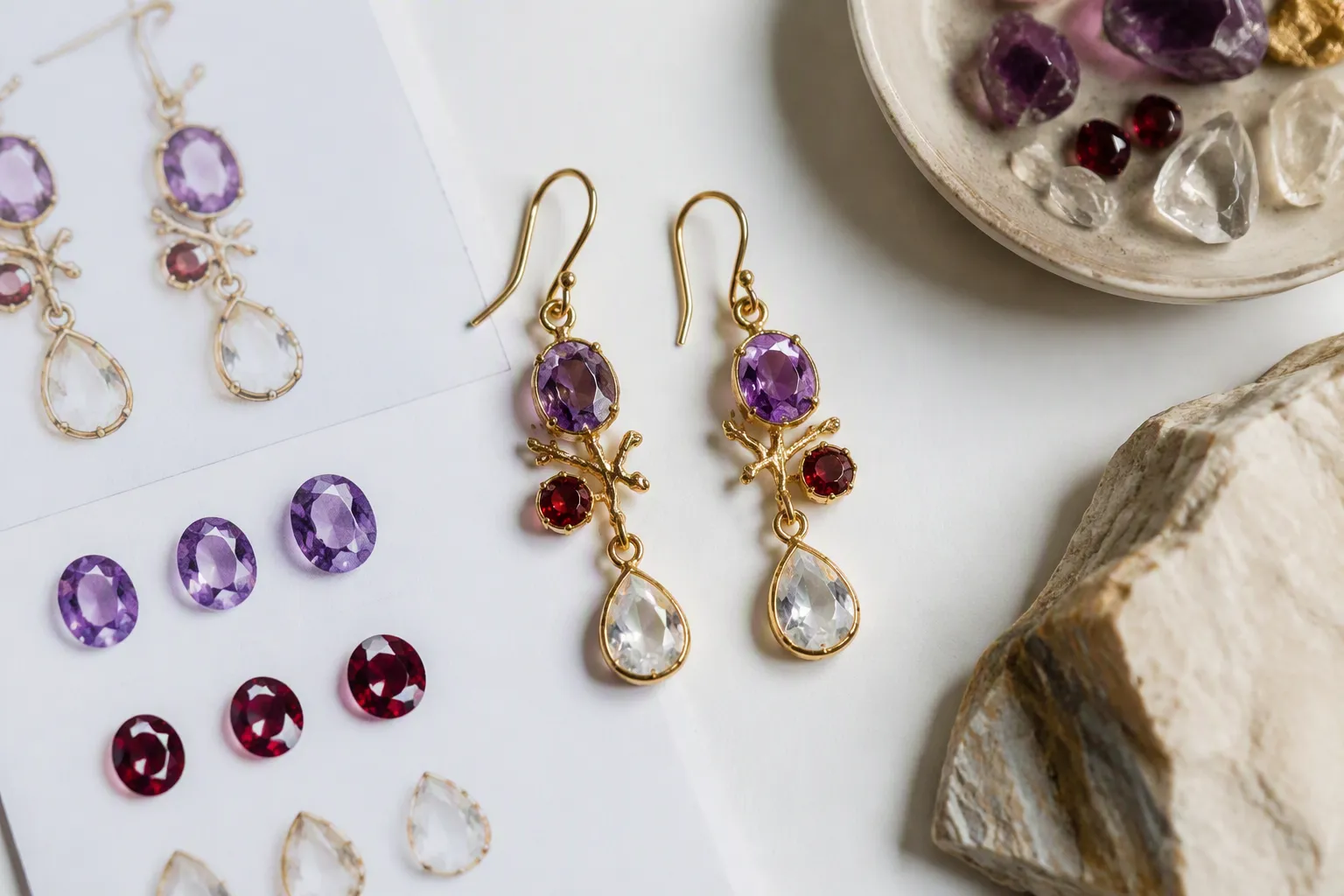 custom jewelry - Editorial photo of a flat-lay showing custom gold-plated copper drop earrings in packaging alongside a spec sheet with stone options including amethyst, garnet, and crystal finishes