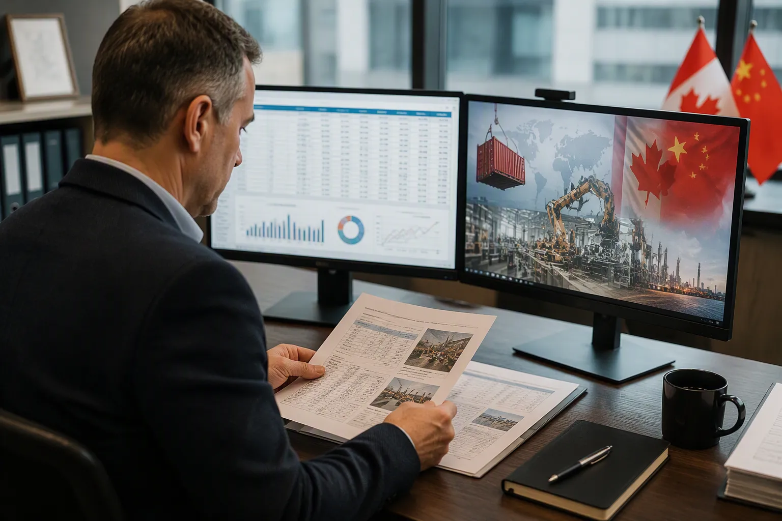canada-china trade deal - Photorealistic editorial photo of a procurement manager reviewing factory audit documents at a desk with a dual-monitor setup showing Chinese factory data and a Canada-China trade agreement PDF side by side