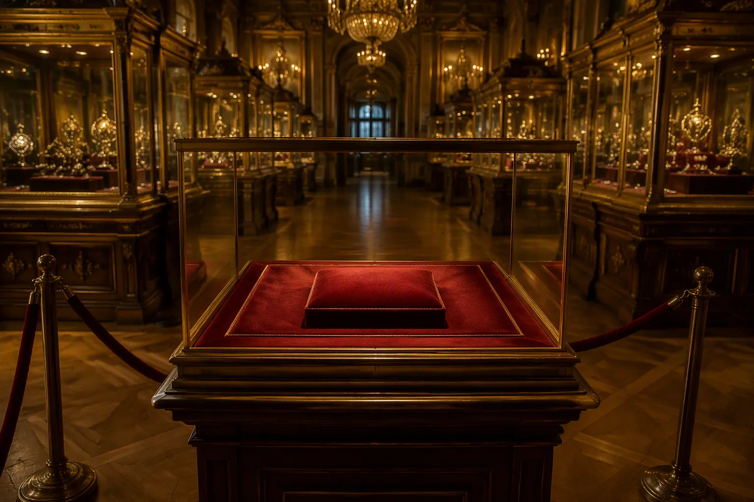 bijoux du louvre retrouvés - Photorealistic documentary photo of the Louvre museum's ornate interior gallery displaying historic jewelry vitrines, warm amber museum lighting casting soft shadows on glass display cases, a single roped-off empty velvet cushion visible in the foreground suggesting a missing piece, wide-angle composition, no text