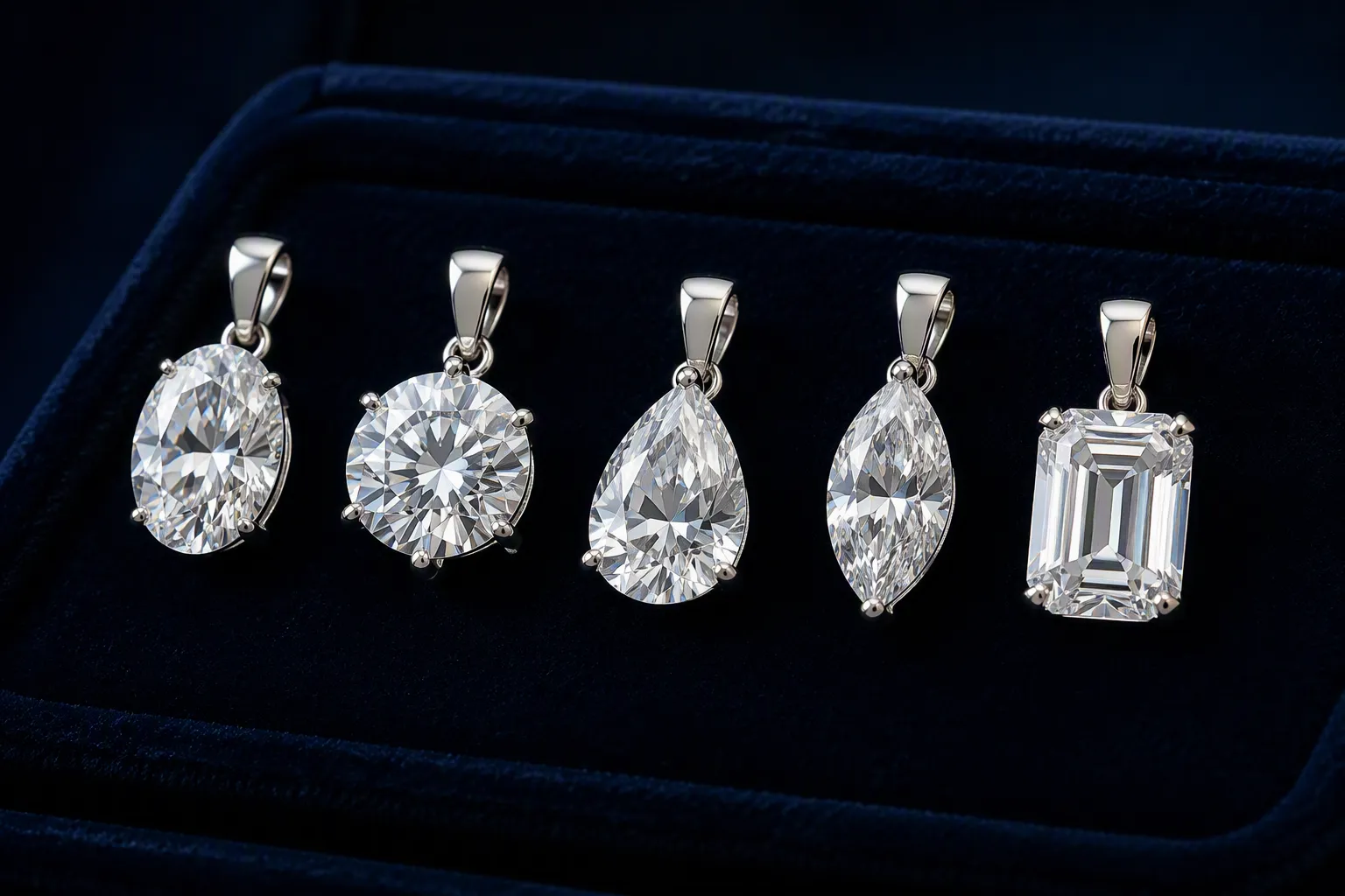 cz pendant - Photorealistic close-up of five CZ pendants arranged on a dark navy velvet jewelry tray, each in a different cut — oval, round, teardrop, marquise, and emerald — under directional studio lighting that captures the stone facets, shallow depth of field, jewelry product photography