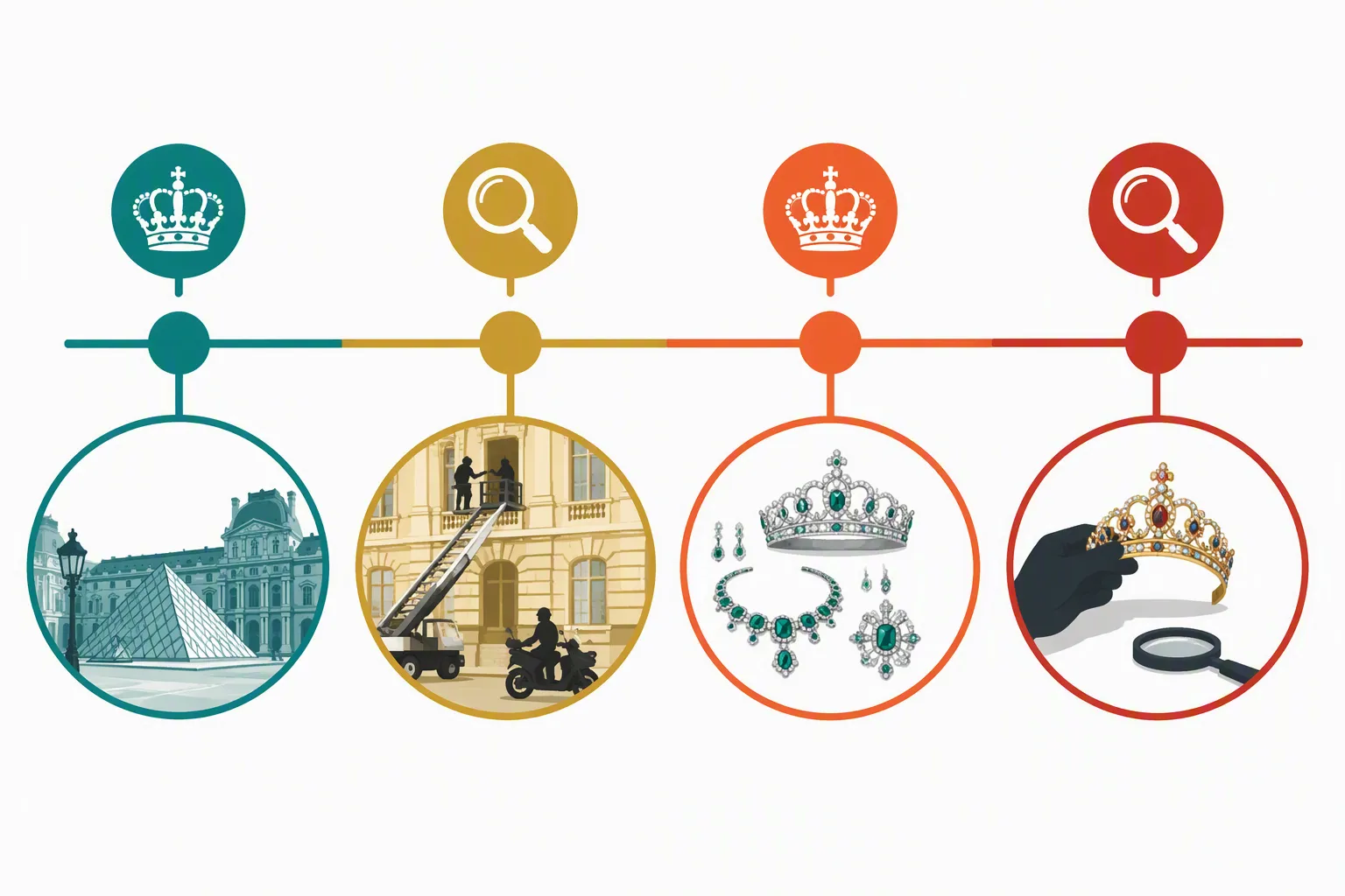 bijoux du louvre retrouvés - Informational flat-design infographic showing a four-stage timeline from October 19 2025 theft at the Louvre to February 2026 recovery announcement, with distinct teal gold and red color zones per stage, simple crown and magnifying glass icons, French labels beneath each stage, clean white background, no photographic elements
