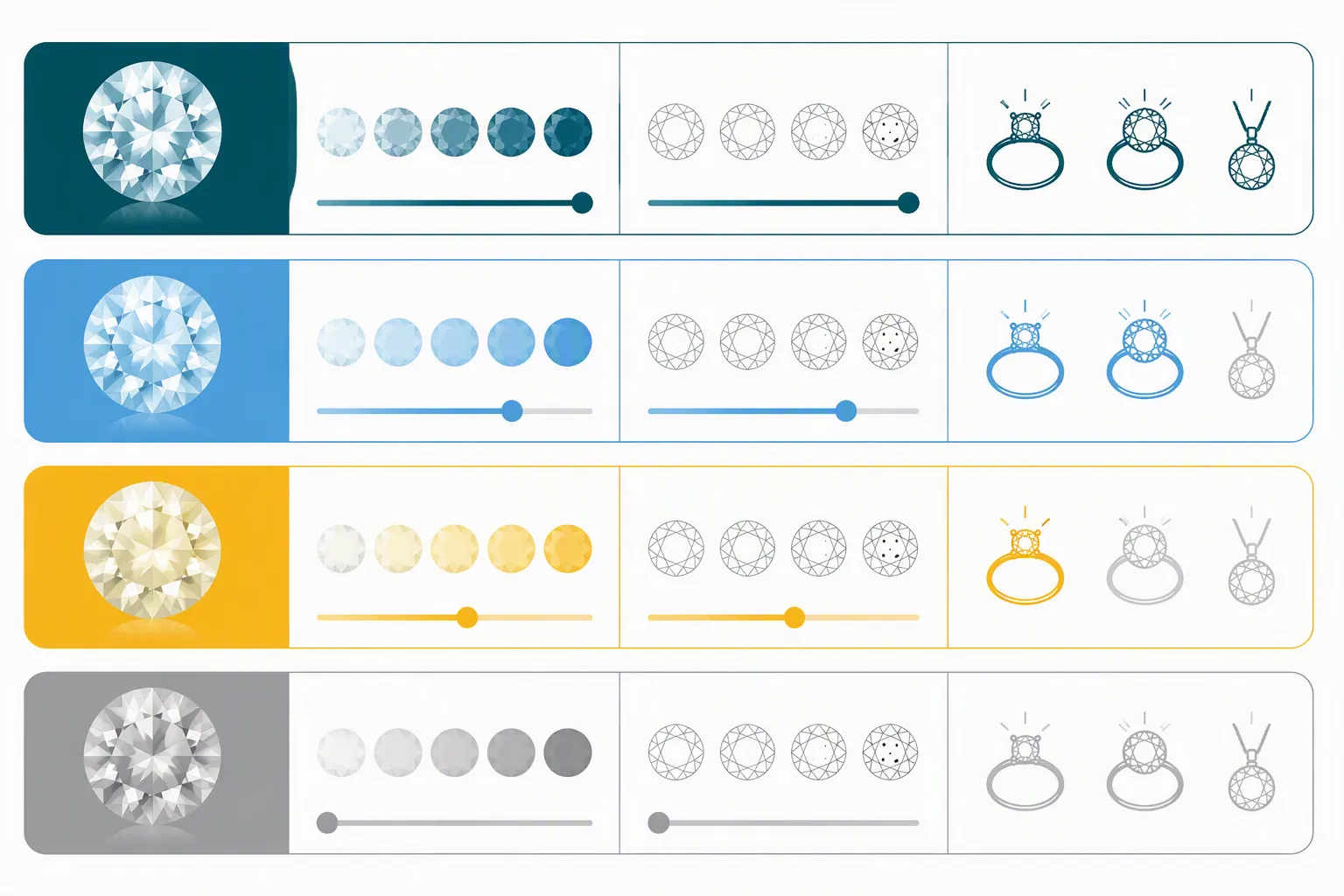 cz pendant - Clean flat-design infographic diagram comparing four CZ quality grades — AAA through A — arranged as horizontal bands with distinct color blocks (deep teal, sky blue, amber, gray), each band showing a simplified stone icon and three data points: color, clarity, and typical setting use; white background, no text labels in the image itself