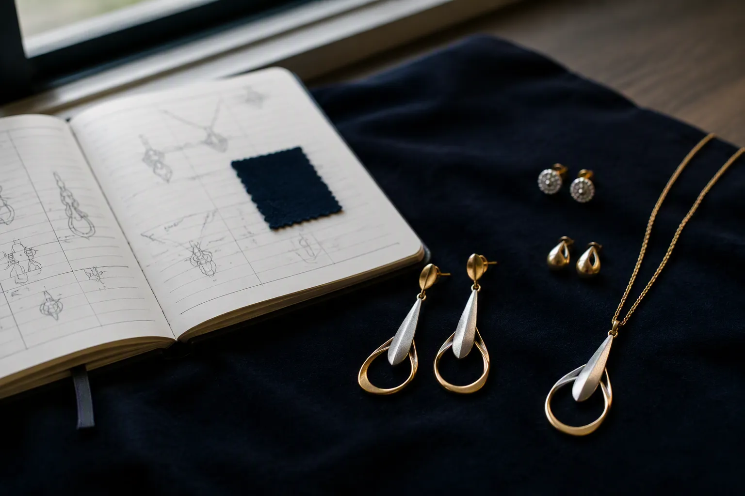 bijoux du louvre retrouvés - Editorial conceptual photo showing a flat-lay arrangement of drop earrings stud earrings and a necklace set in gold and rhodium tones on dark velvet, alongside an open notebook with handwritten sourcing notes and a fabric swatch, natural side window light, documentary styling, no text or labels visible