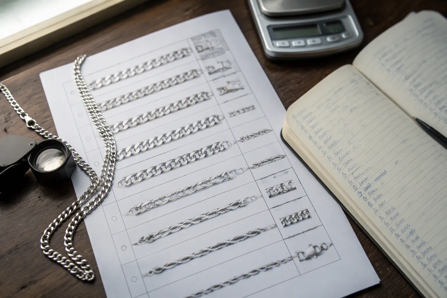 sterling silver necklace wholesale - Editorial conceptual photograph — top-down view of a clean desk surface with a printed wholesale specification sheet showing necklace chain styles, a jeweler's loupe resting beside a sterling silver curb chain, a small digital gram scale in the background, and a notebook open to handwritten supplier evaluation criteria, soft natural window light from the left, authentic working environment
