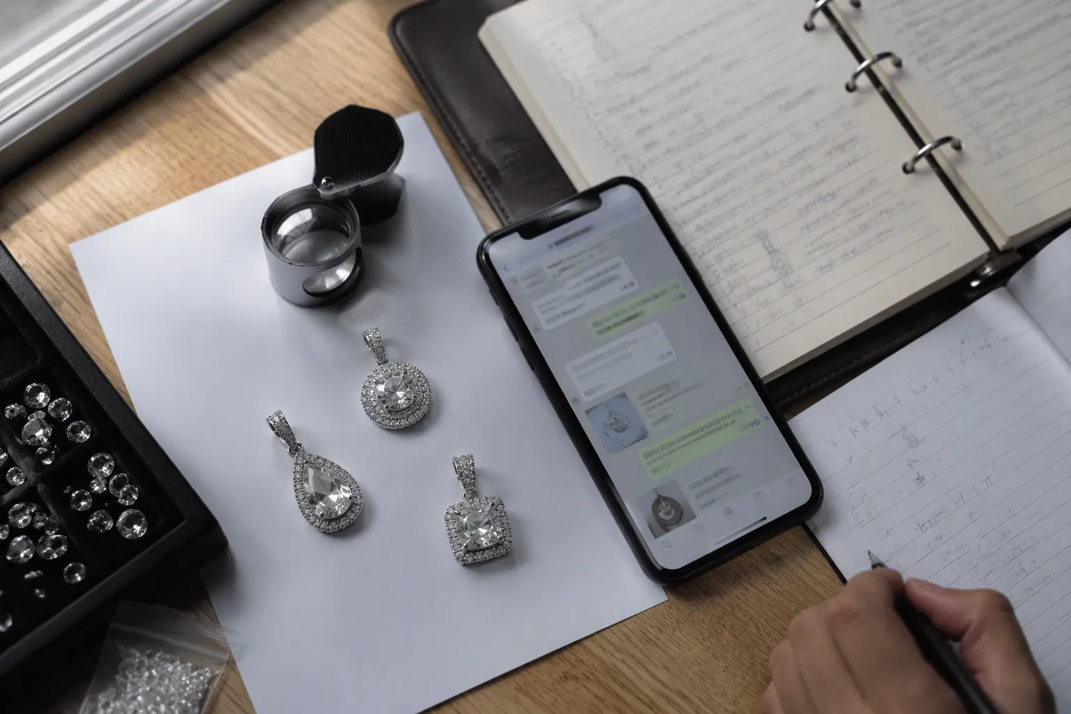 cz pendant - Editorial top-down photo of a jewelry procurement workspace: three CZ pendant samples on a white sheet, a loupe resting next to them, an open ring binder with handwritten evaluation notes, and a smartphone displaying a supplier chat thread, natural daylight from a side window, documentary-style composition