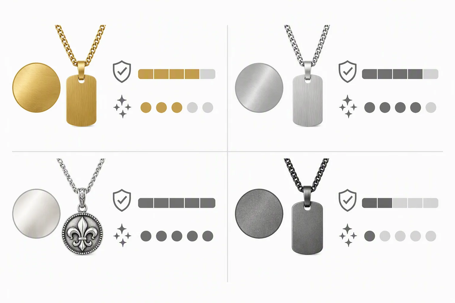 cheap guy necklaces - Clean informational diagram comparing four men's necklace base materials — brass, stainless steel, sterling silver, zinc alloy — laid out in a two-column grid with icons for each material, durability rating bars, and tarnish-resistance indicators, flat design with neutral gray and gold color palette, white background