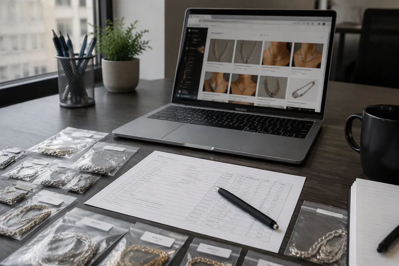 cheap guy necklaces - Editorial photo of a procurement buyer reviewing a supplier catalog and jewelry samples spread across a clean desk — necklaces in small labeled bags, a printed order form, a laptop showing a supplier portal, natural window light, authentic working environment, shallow depth of field