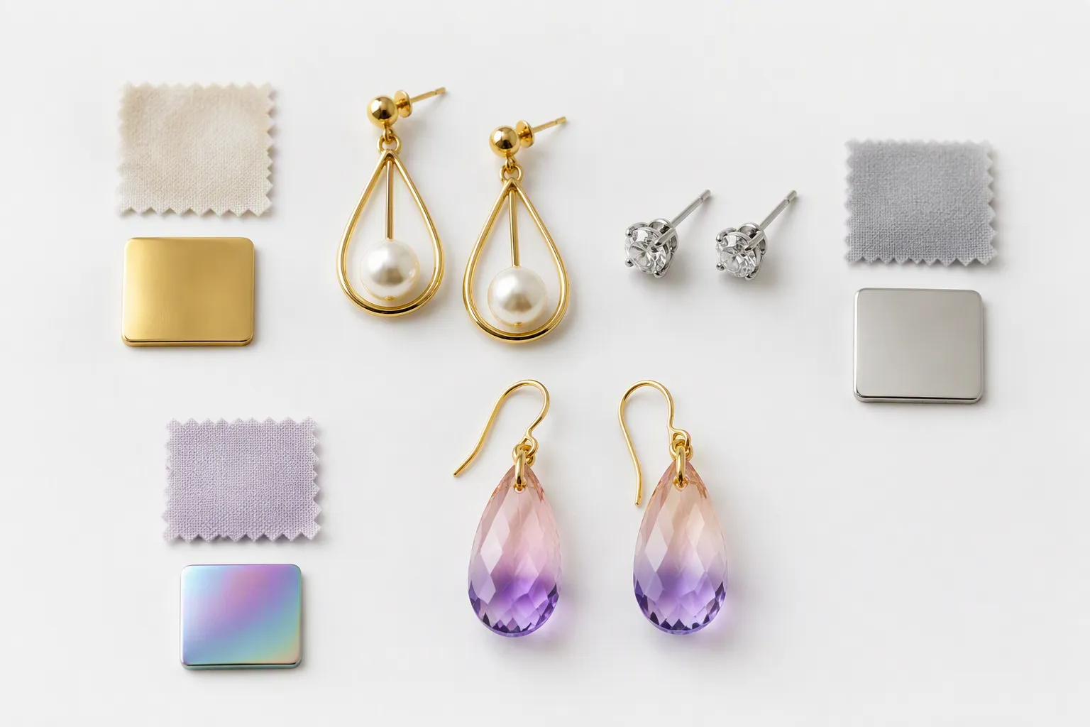 custom jewelry - Flat-lay of gold-plated and rhodium-plated earring styles including drop, stud, and gradient crystal designs arranged on a white surface with material swatches alongside