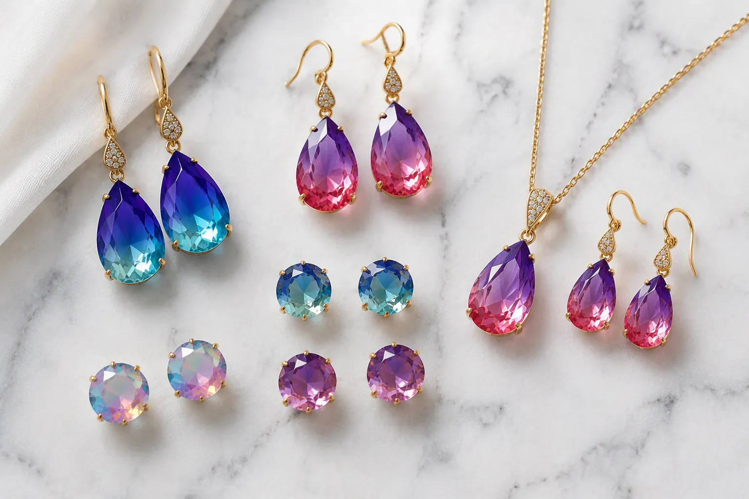 bisutería joyería - Fotografía editorial plana de una selección de pendientes colgantes en cristal degradado, studs y un conjunto collar-pendientes sobre fondo de mármol blanco, con etiquetas de materiales visibles