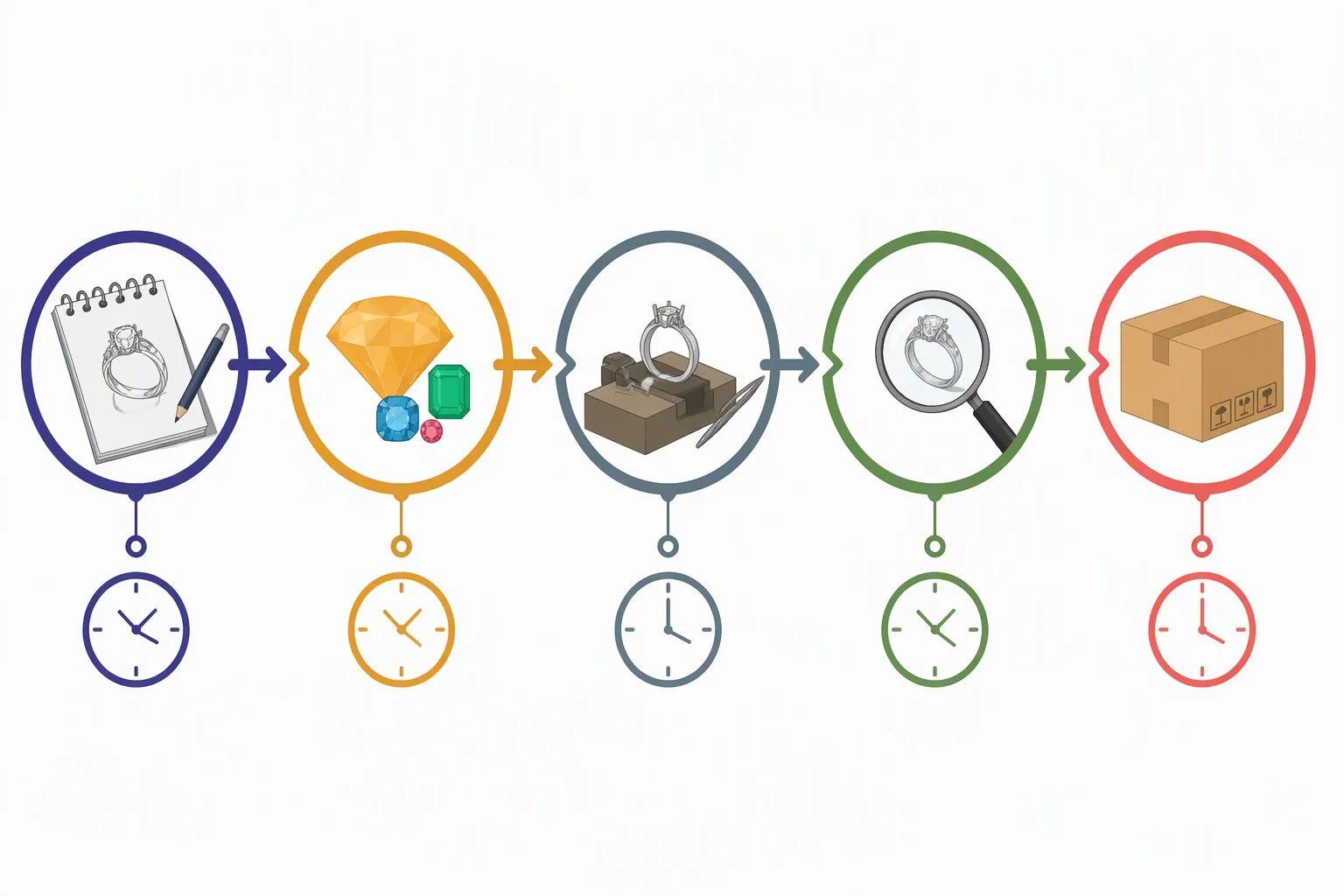 custom jewelry - Annotated diagram showing an OEM jewelry procurement workflow — design approval, material selection, production, in-house QC inspection, and export shipment stages — with lead time markers at each stage