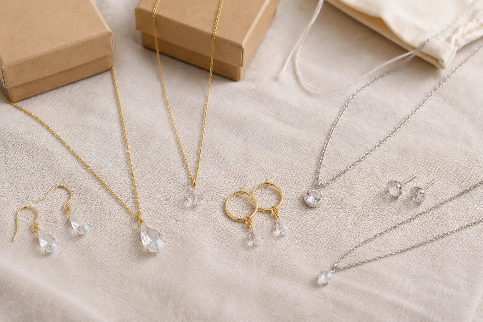 schmuck kette - Photorealistic flat lay of gold-plated and rhodium-plated necklace and earring sets from STRAND arranged on neutral linen, showing chain textures, crystal pendants and packaging details