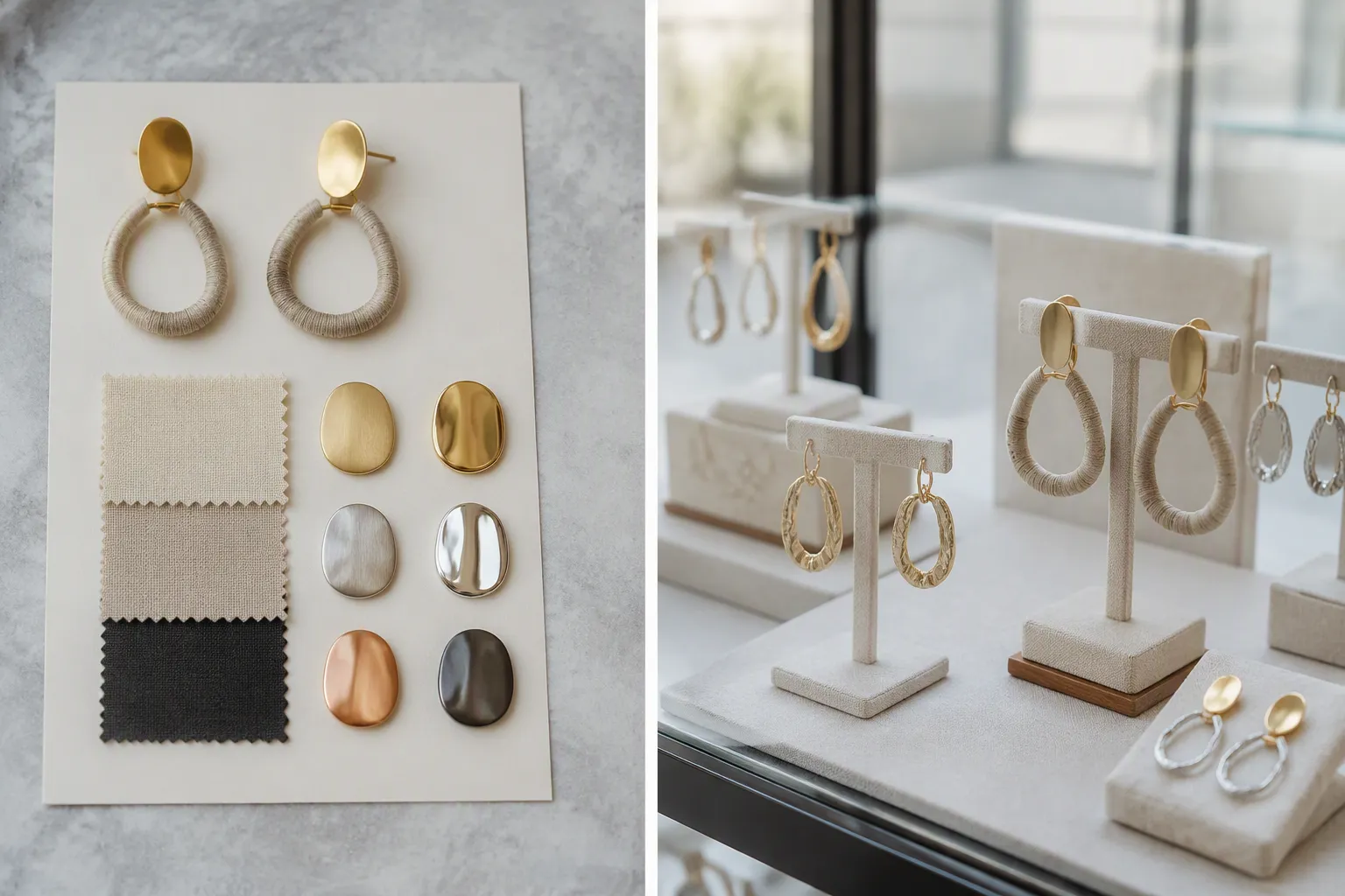 custom jewelry - Side-by-side editorial photo comparing a custom OEM earring sample card with material options and a standard retail jewelry display case, illustrating the sourcing decision point between factory-direct and retail wholesale