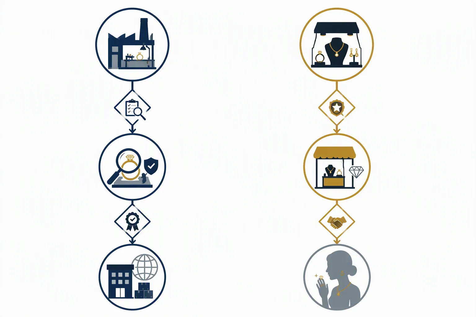 schmuck kette - Annotated sourcing-chain diagram: factory workshop → STRAND quality check → B2B buyer (importer/DTC store owner) on one path; retail brand → authorized dealer → end consumer on the other, with key decision criteria labeled at each node