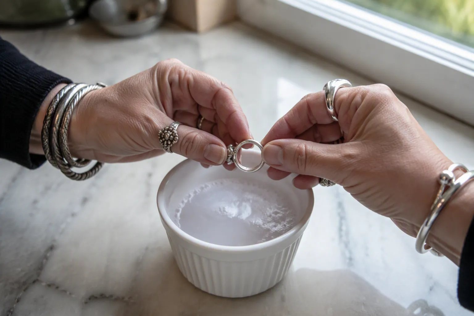 bijoux en argent nettoyer - Photorealistic close-up of a woman's hands holding a sterling silver ring over a small white ceramic bowl filled with a baking soda and water solution, natural daylight from a kitchen window, tarnished silver visible on one hand and polished silver on the other to show before/after contrast, documentary photography style