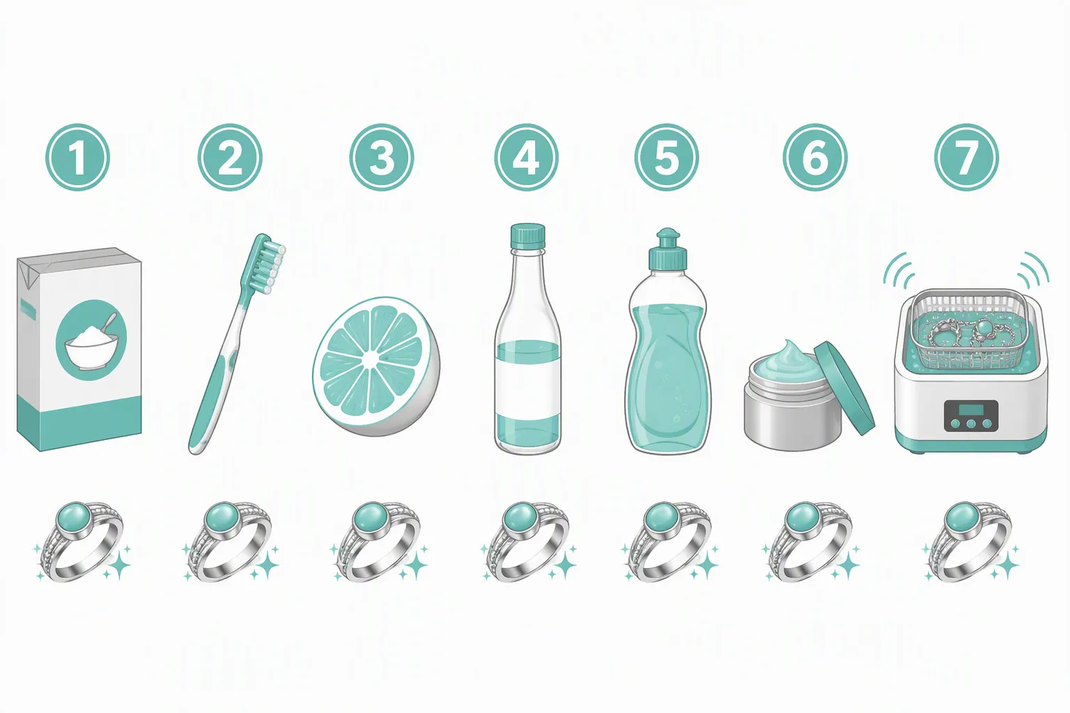 bijoux en argent nettoyer - Clean flat-design informational diagram showing 7 numbered cleaning methods for silver jewelry arranged in a horizontal flow, each method represented by a simple icon (baking soda box, toothbrush, lemon, vinegar bottle, dish soap, cream jar, ultrasonic cleaner), white background with silver and teal color accents, no text labels