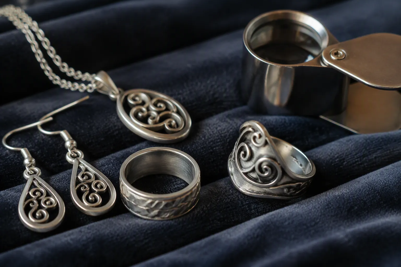 bijoux en argent nettoyer - Editorial close-up photograph of several silver jewelry pieces arranged on a dark velvet surface — a ring, a necklace pendant, and earrings — with a jeweler's loupe resting beside them, one piece tilted to show an engraved hallmark, soft focused natural side-lighting highlighting metal texture and craftsmanship details