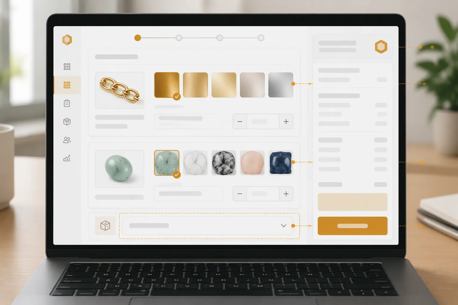خواتم فضة رجالى - لقطة شاشة توضيحية (Mockup) لواجهة طلب عرض سعر من مورد B2B، تُظهر حقول اختيار المواد (نحاس مطلي، أحجار طبيعية)، تحديد الكمية (MOQ)، واختيار طريقة الشحن والدفع