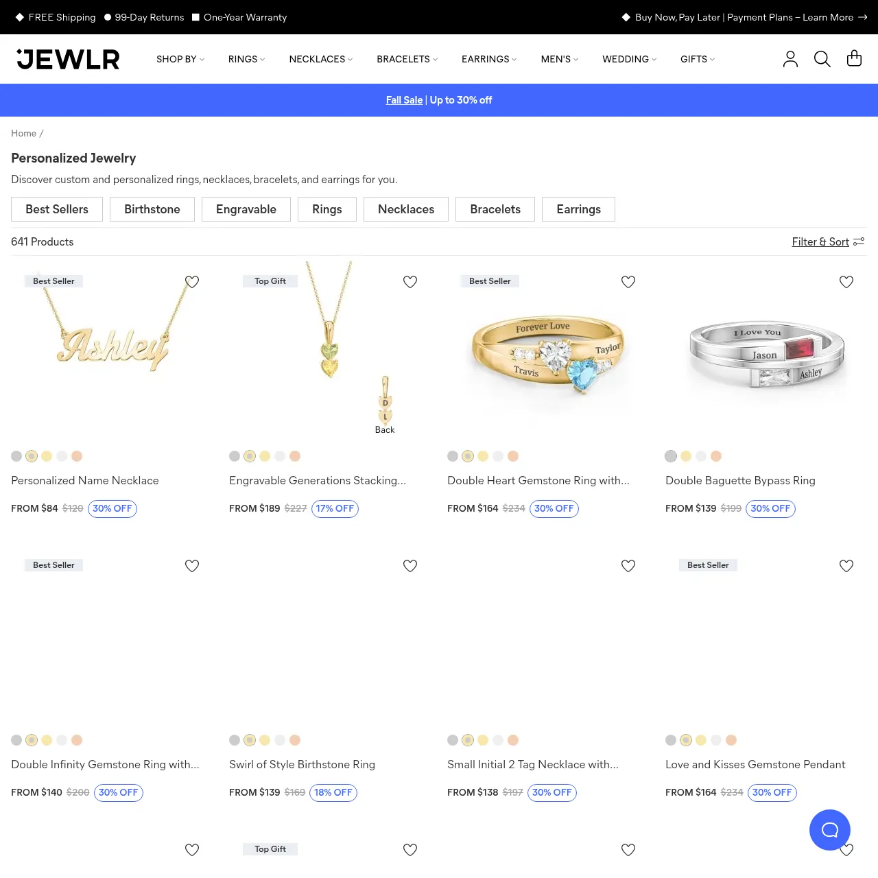 Jewlr personalized jewelry collection interface showing name necklaces, birthstone rings, and engravable pieces