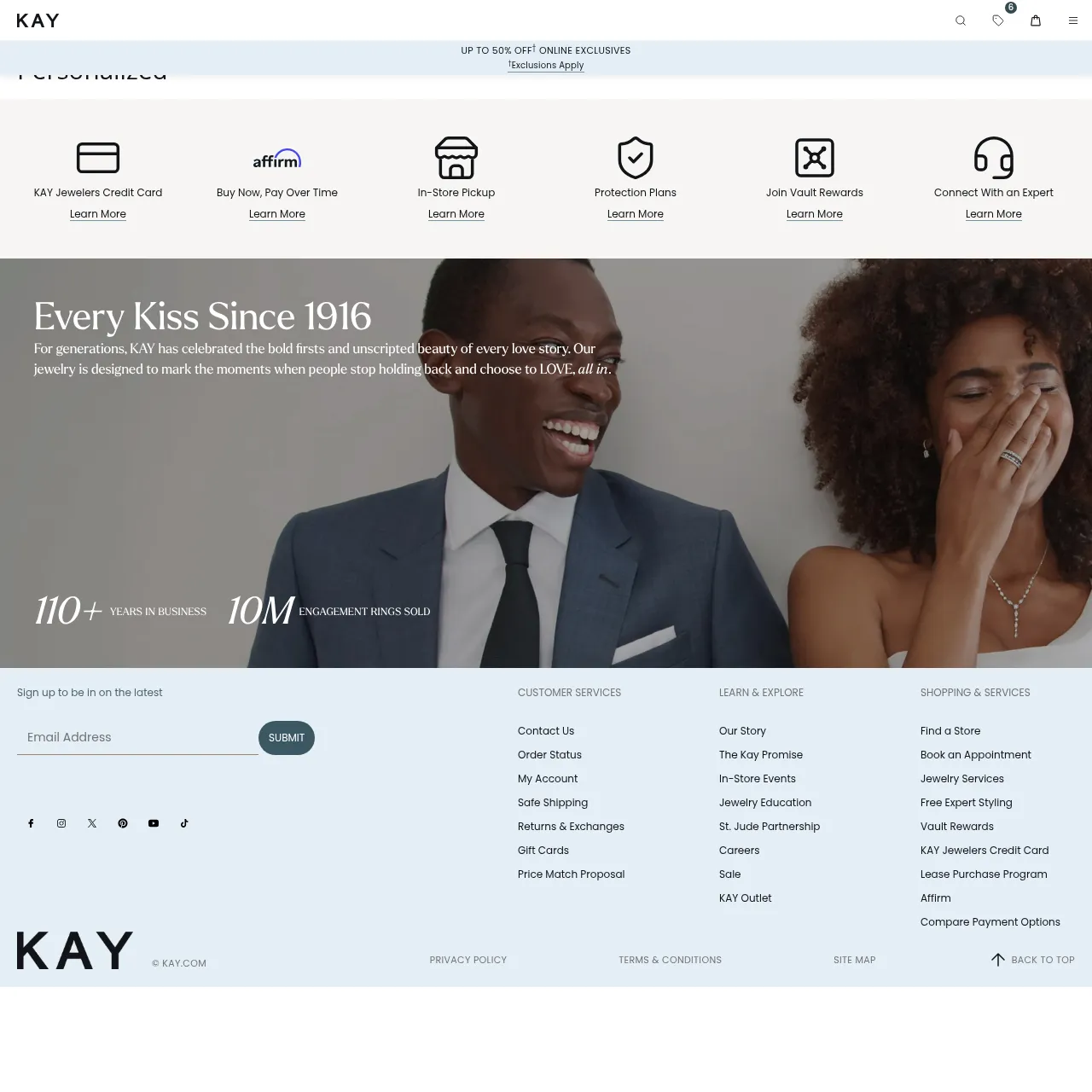 Kay Jewelers personalized jewelry page showing rings, necklaces, and lab-grown diamond options