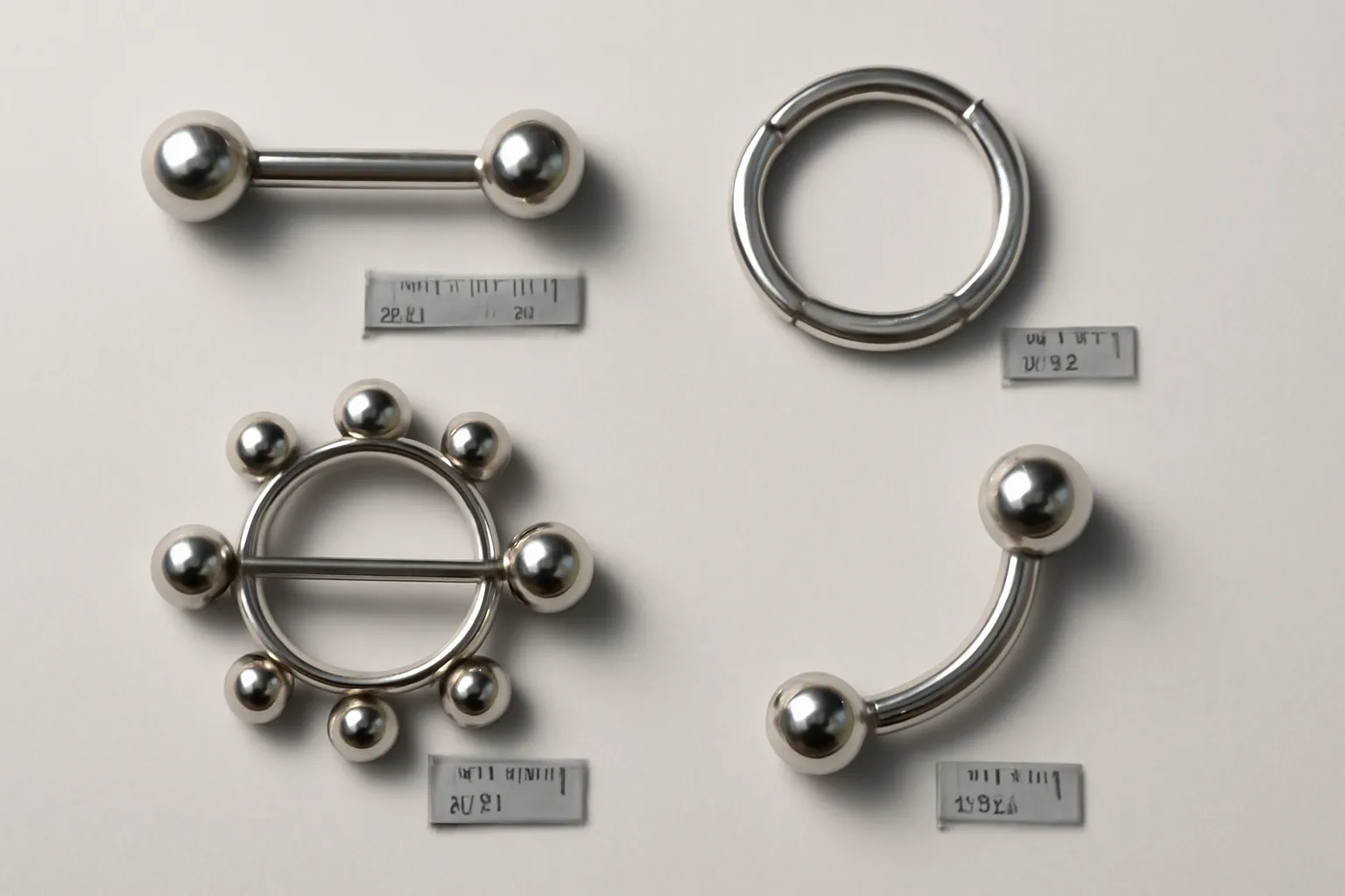 brustwarzenpiercing schmuck - Flachlay verschiedener Brustwarzenpiercing-Schmucktypen – Barbell, Clicker-Ring, Nipple Shield und Curved Barbell – auf neutralem Hintergrund mit sichtbaren Maßangaben zu Stabdicke (1,6 mm) und Kugeldurchmesser