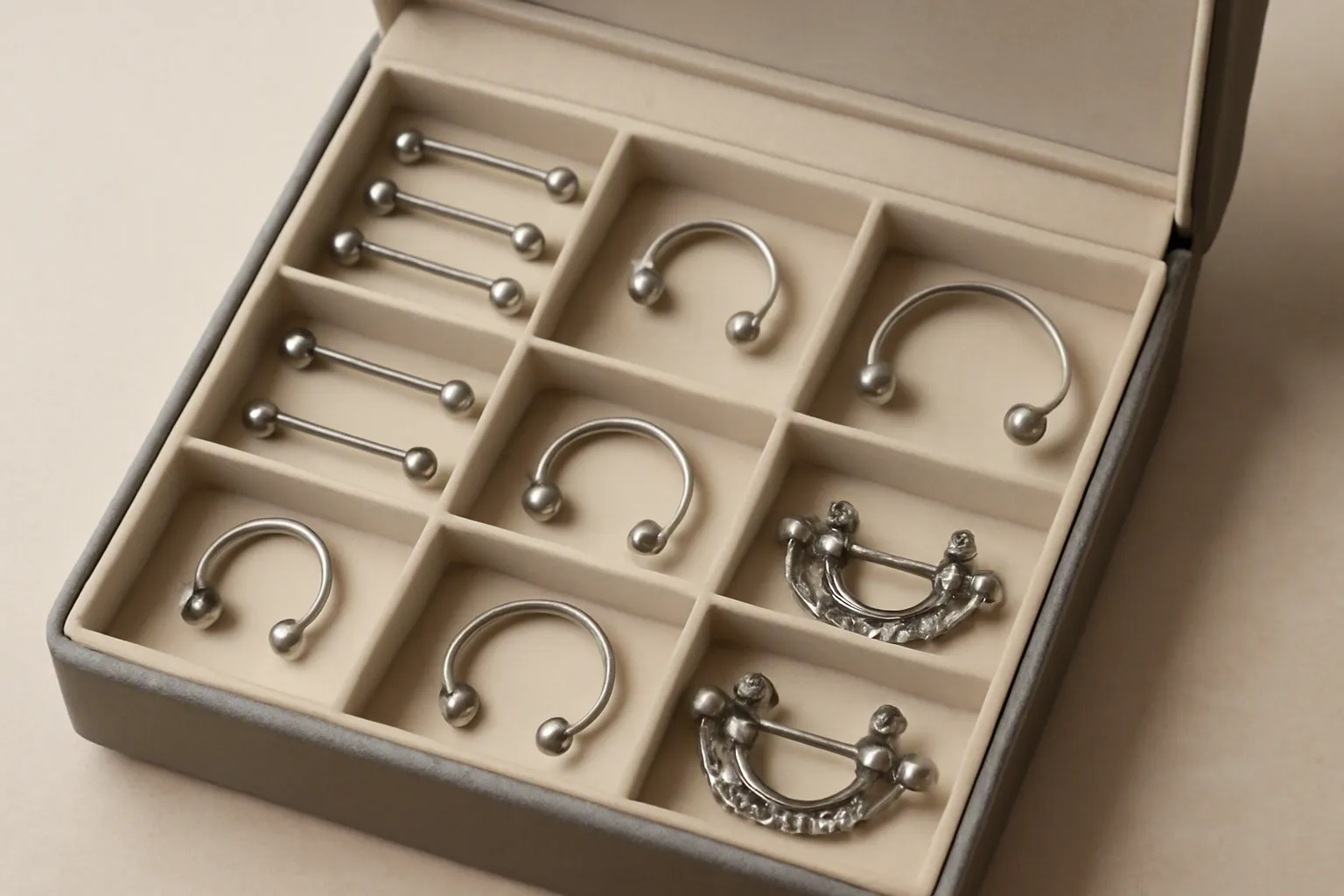 brustwarzenpiercing schmuck - Szenenfoto einer geöffneten Schmuck-Aufbewahrungsbox mit verschiedenen Brustwarzenpiercing-Schmuckstücken – Barbells, Ringe und Shields ordentlich in Fächern getrennt, beschriftet nach Material (Titan / Edelstahl / vergoldet) und Stabgröße
