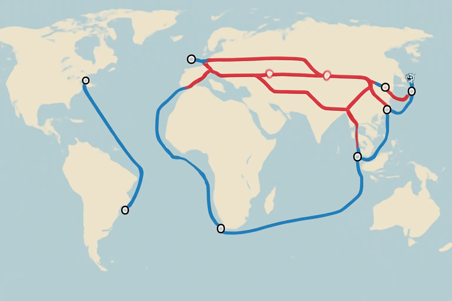 中国“一带一路”倡议 - 带注释的世界地图,展示从中国经中亚、南亚、非洲通往欧洲和美洲的“一带一路”陆路与海上通道,并标注主要港口和铁路节点