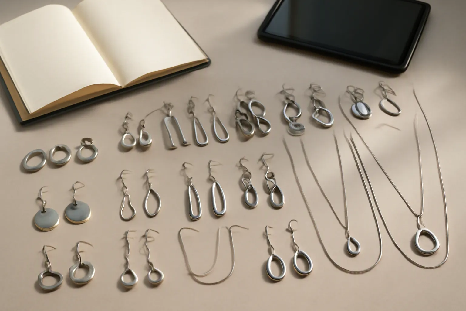 fournisseur bijoux - Photographie éditoriale d'un espace de travail revendeur professionnel en France, avec des échantillons de bijoux fantaisie en acier inoxydable, boucles d'oreilles pendantes et sets collier disposés par catégorie sur une surface neutre, carnet de commandes et tablette visibles en arrière-plan