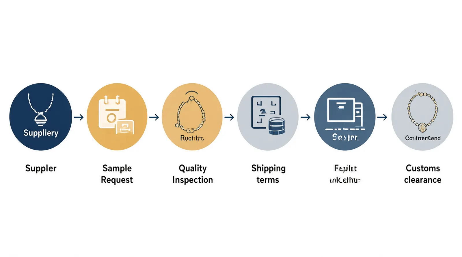 fournisseur bijoux - Schéma annoté en français illustrant les étapes du processus de sourcing B2B bijoux : sélection fournisseur, demande d'échantillon, contrôle qualité interne, choix de l'Incoterm (EXW ou FOB), expédition et dédouanement en France