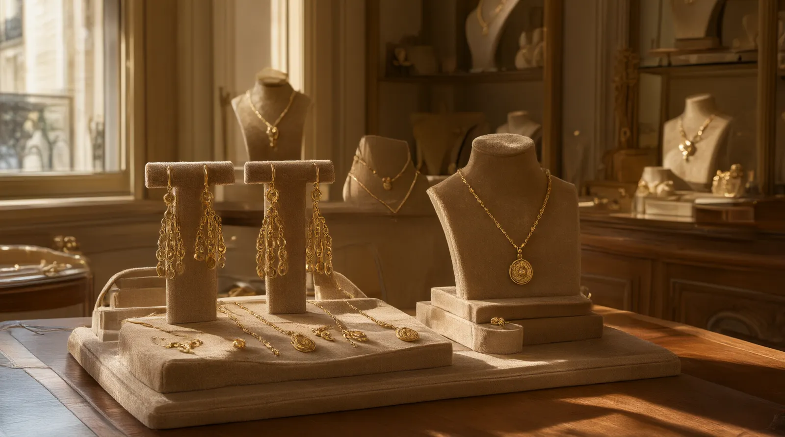 fournisseur bijoux - Photo éditoriale d'une boutique bijoux indépendante française bien achalandée, présentoir de boucles d'oreilles pendantes et de sets collier en plaqué or soigneusement mis en valeur, lumière naturelle, ambiance boutique premium